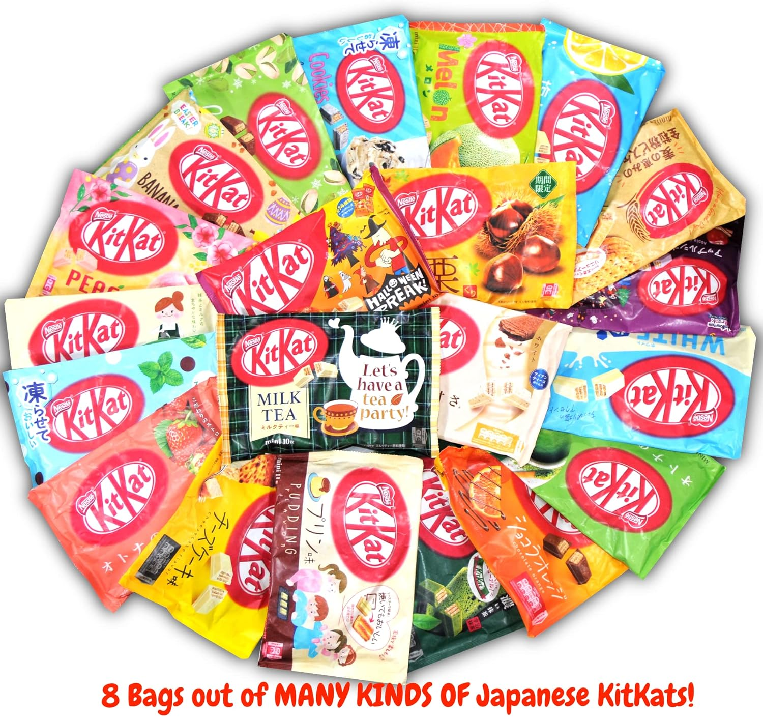 Dagashiyabox Japanese Treats Snacks Assortment Box with 80~90 Bars Pcs of Kitkat 8 Bags Sweet Dagashi Box for Kids and Adults Fun Birthday Gift