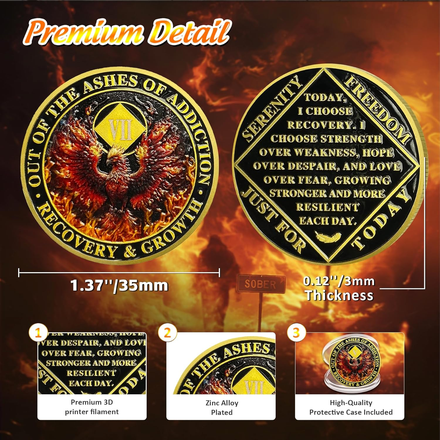 Delicate Phoenix 7 Year Na Medallions - Reborn from Fire Sobriety Coin - 7 Years Recovery Addiction Token - Celebrate Clean and Sober Chip - 1-20 Prime Narcotics Anonymous Gifts for Men Women image number 4