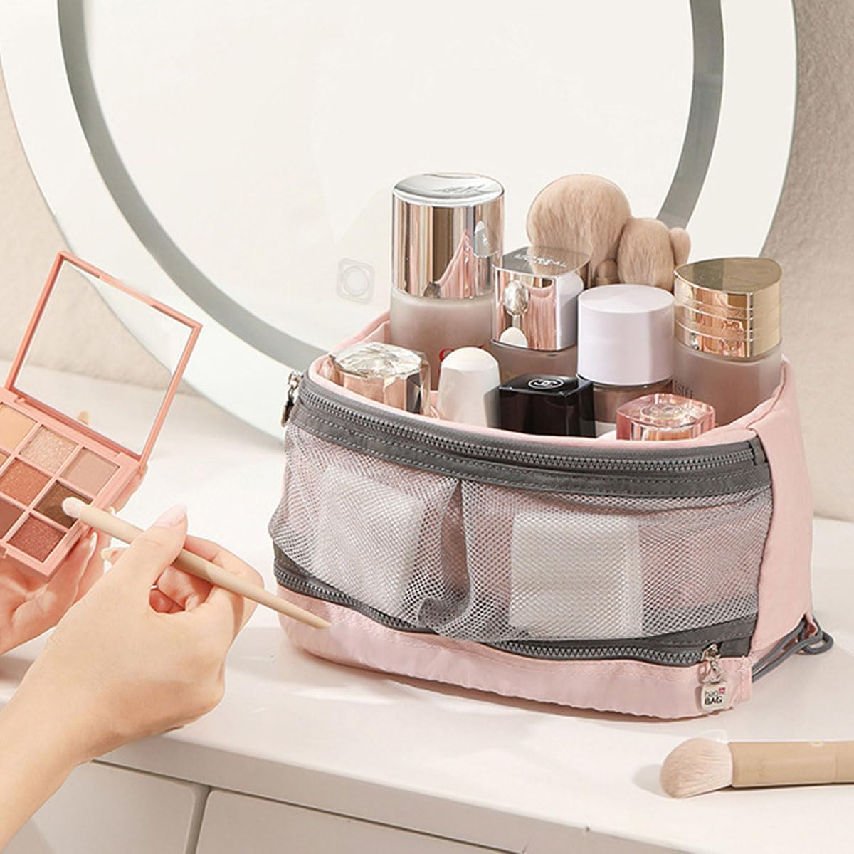 DDPOND Large-Mouth Cosmetic Bag,Portable Toiletry Pouch,Large Capacity Travel Makeup for Purse (Grey) image number 5