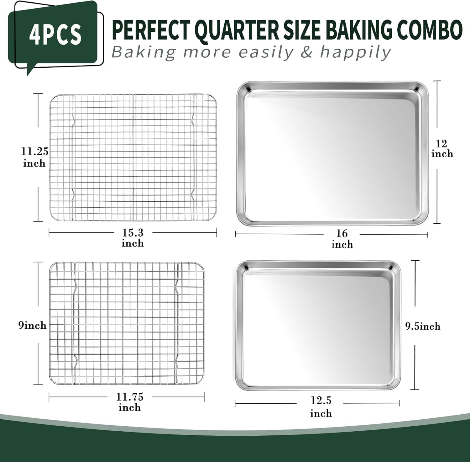 Baking Tray with Rack Set, Stainless Steel Cookie Sheet Baking Sheets with Cooling Rack for Oven, Healthy & Heavy Duty, Sturdy & Dishwasher Safe(2 Pans + 2 Grid Racks) image number 2