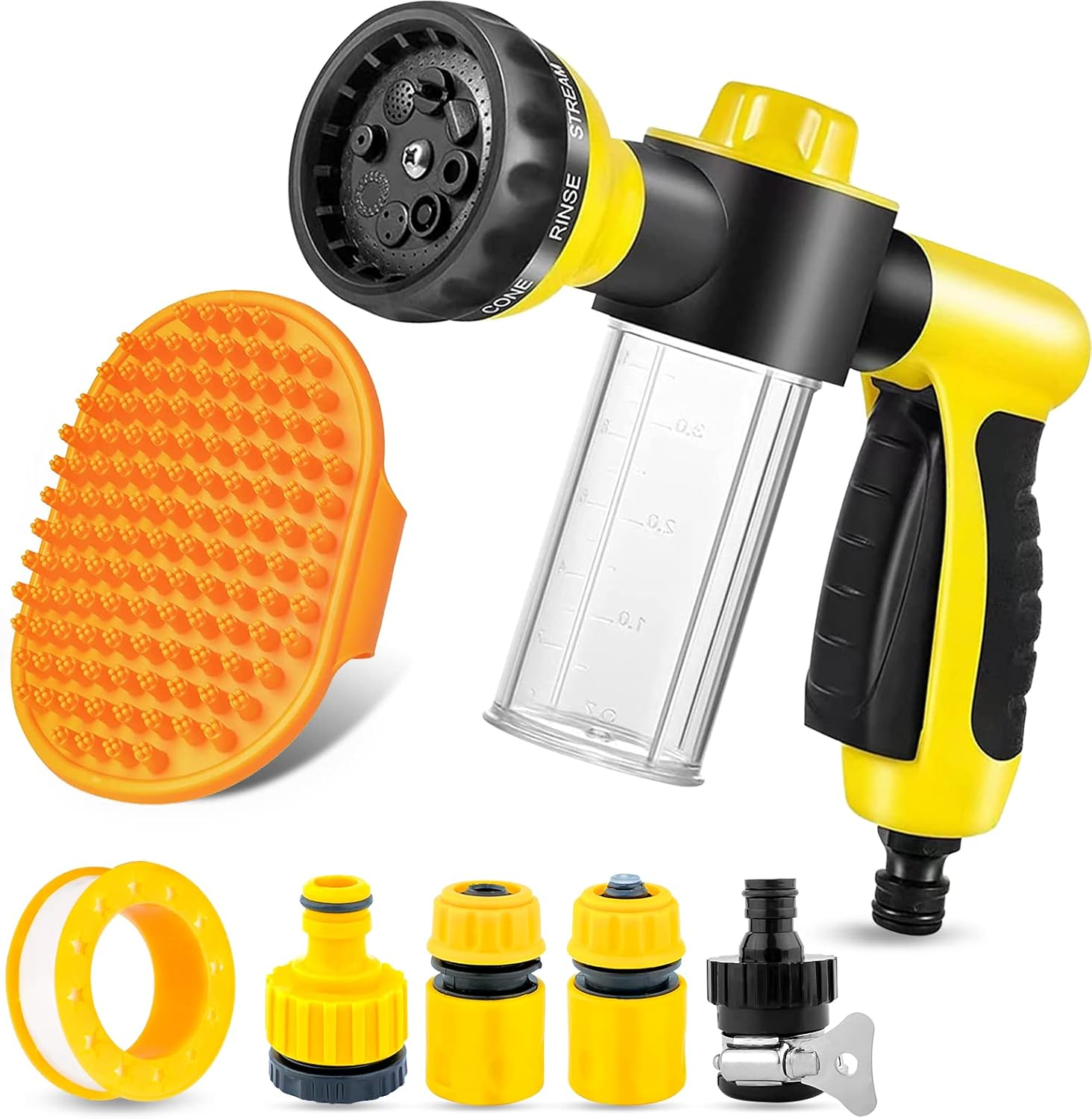 Dog Wash Attachment 8 Spray Pattern Nozzle with Bathing Brush and 3.5Oz/100Cc Soap Dispenser Bottle 3/4 in Standard Garden Hose for Pet Showering Car Washing Watering