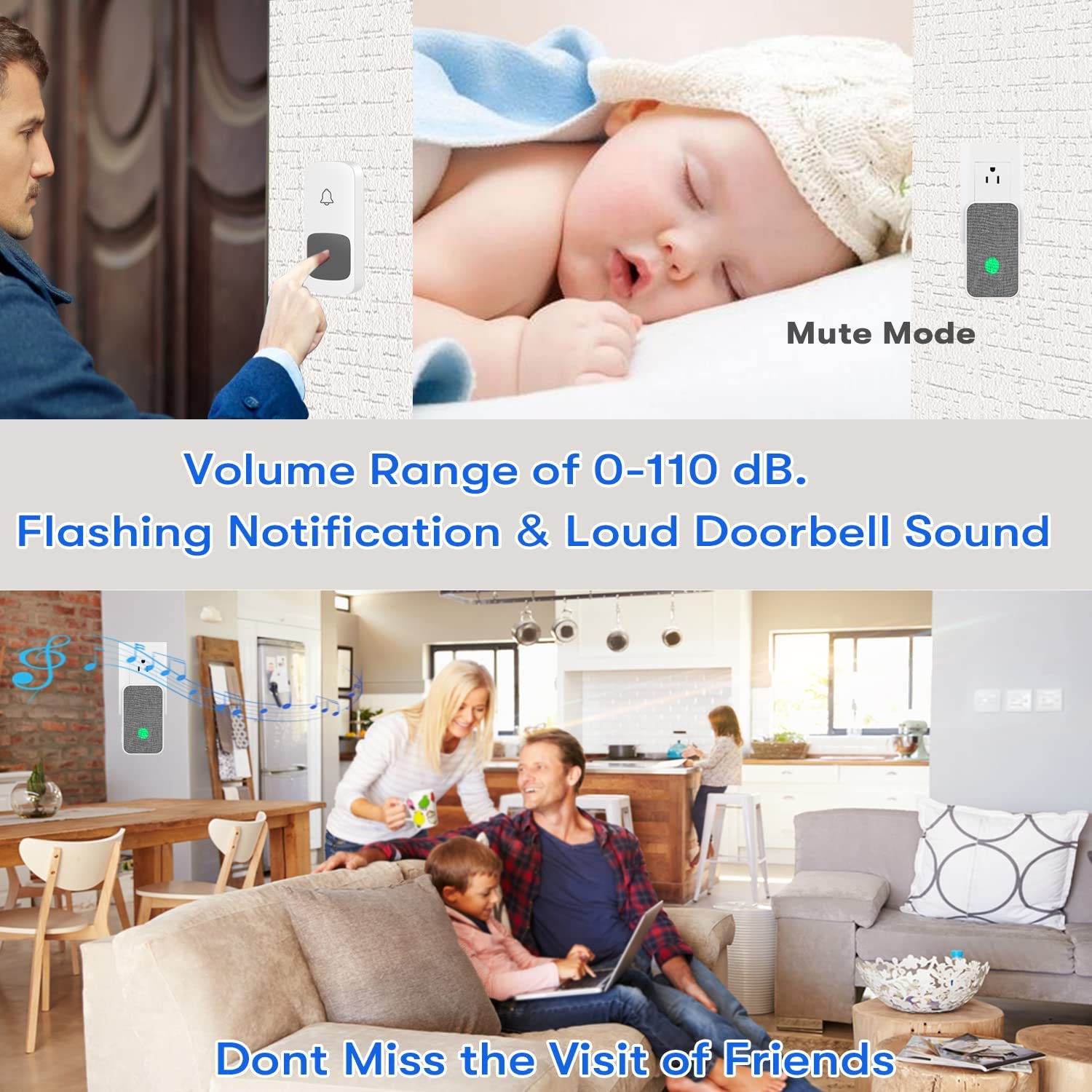 Wireless Doorbell, Remote Door Bell Ringer Wireless Long Range 400M with Fabric Finish, Coolqiya Portable Wireless Door Bells with 1Pc Waterproof Ringer Button and 1Pc Plug-In Doorbell Chime image number 2