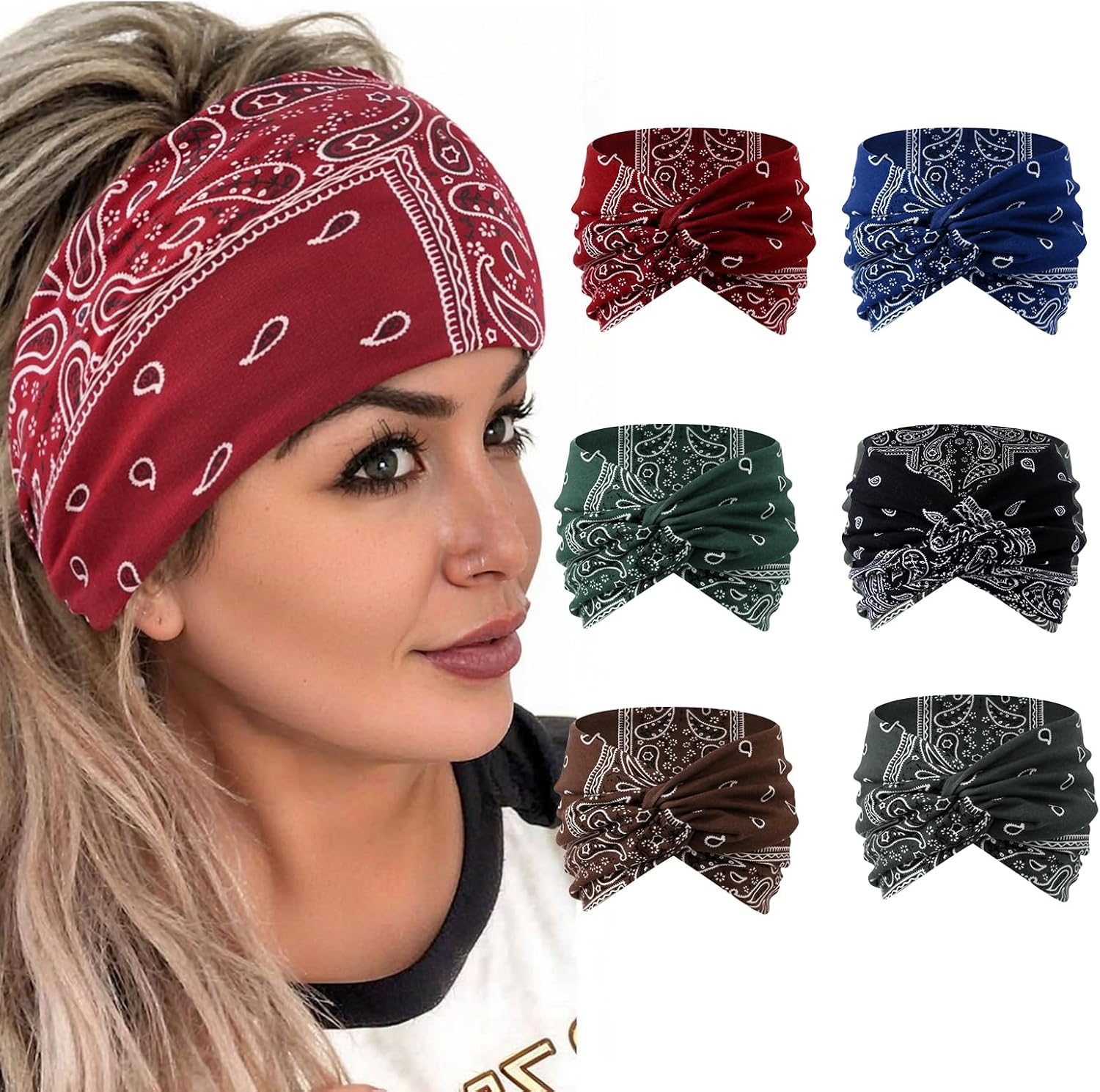 Culinavog Pack of 6 Women'S Headbands, Wide Elastic Hair Bands for Women, Soft Non-Slip Headbands with Twist Design, Multicoloured for Yoga, Sports, Everyday Use