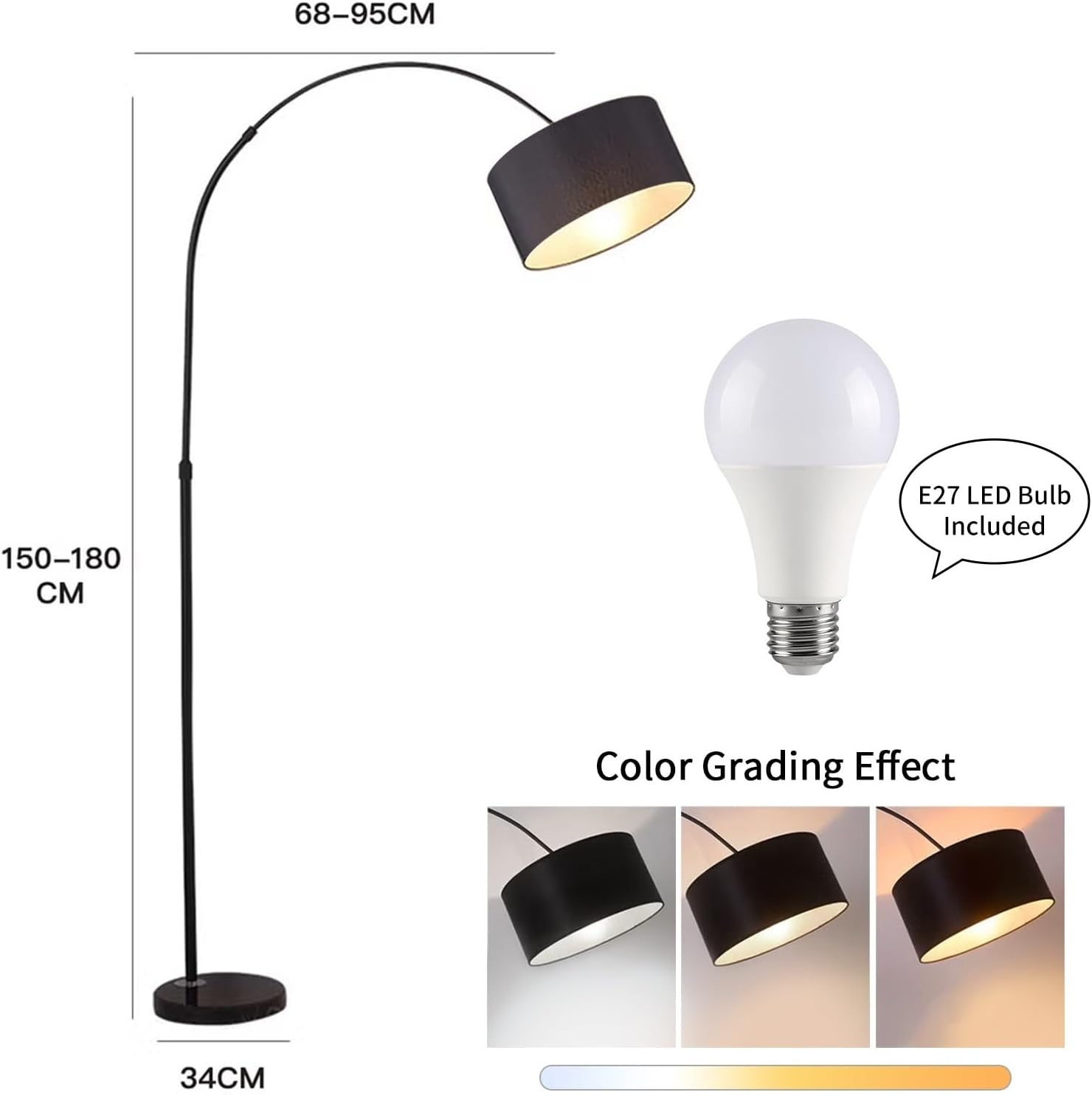 Sumkyle Arc Floor Lamp, Modern Standing Lamp with 12W LED Bulb, Adjustable Color Temperature LED Lighting for Bedroom, Living Room, Study Room (Black) image number 1