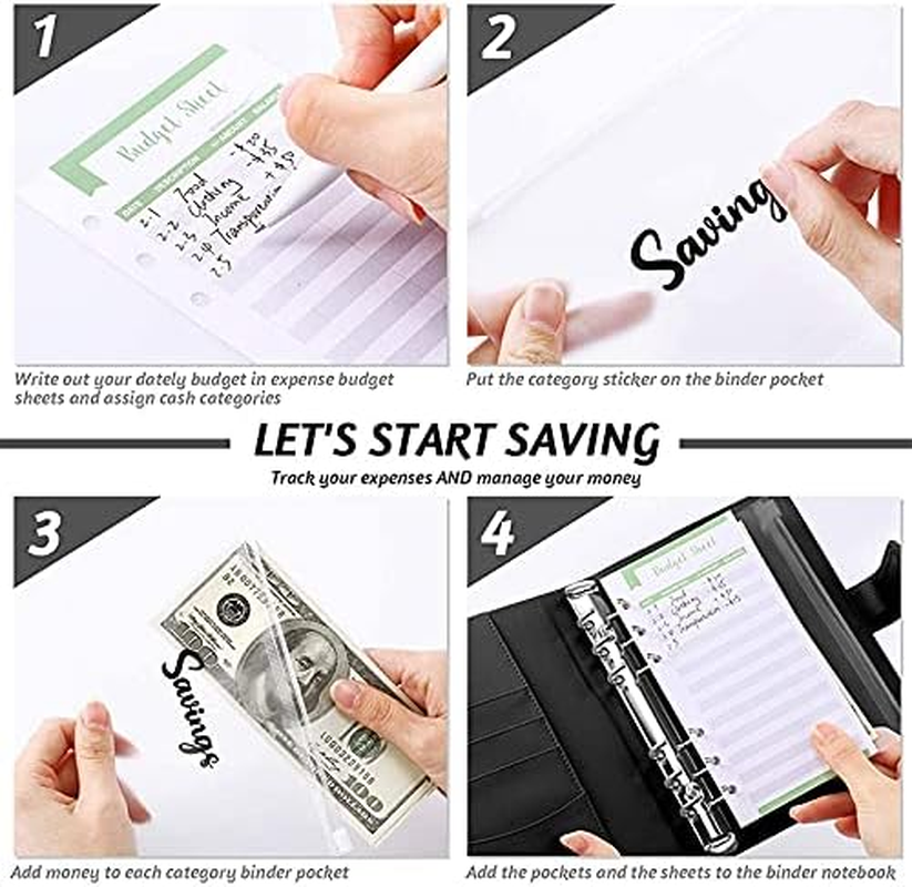 A6 PU Leather Binder Budget Planner Organizer 6 Ring Binder Cover, 8Pcs Binder Pockets, 12Pcs Expense Budget Sheets & 2Pcs Categories Sticker Labels, Money Saving Binder for Budgeting(Black) image number 4