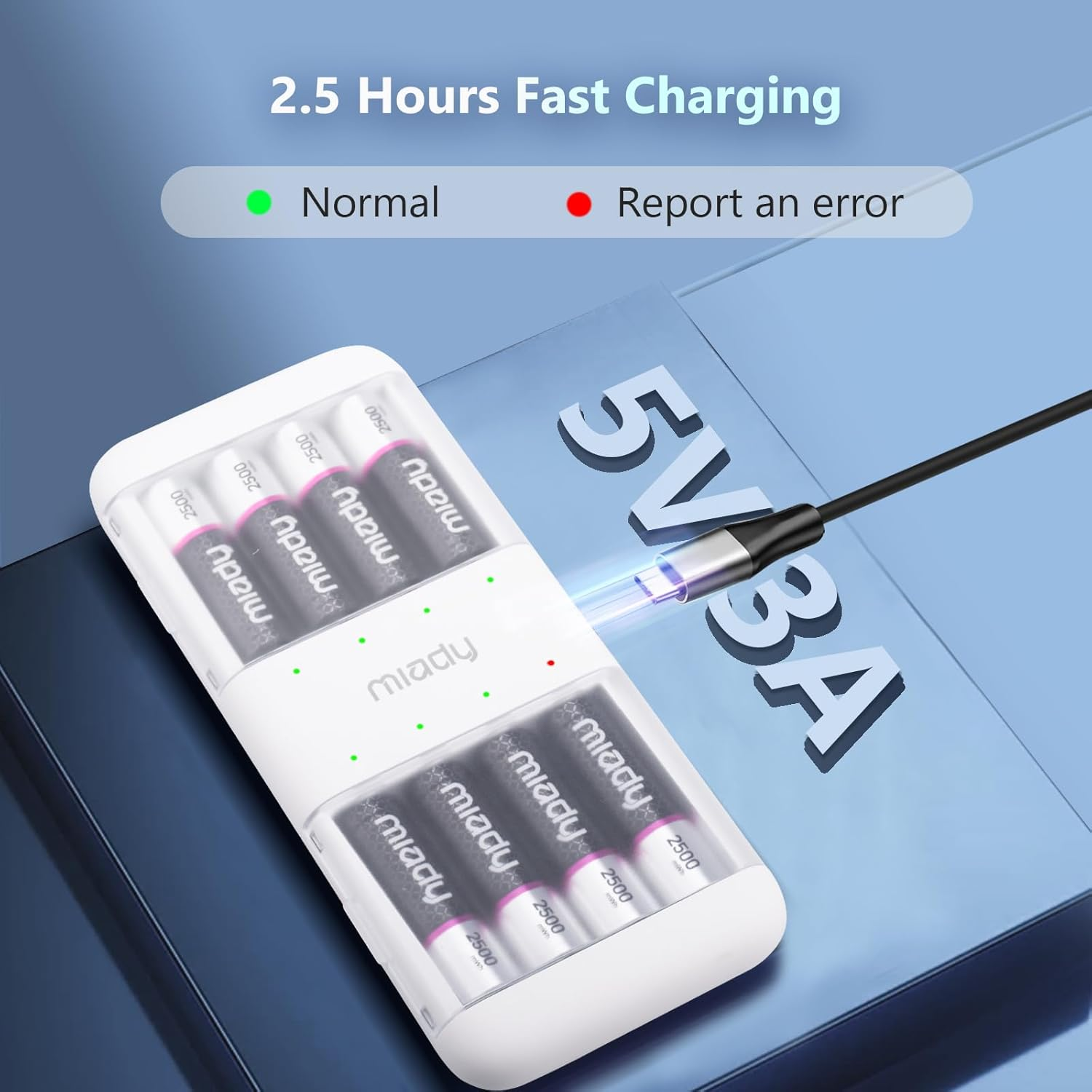 Miady Rechargeable Batteries AA Lithium 8 Pack with Fast Charger, 1.5V 2500Mwh High Power Double a Batteries with 2000+ Cycle Times, Low Self Discharge