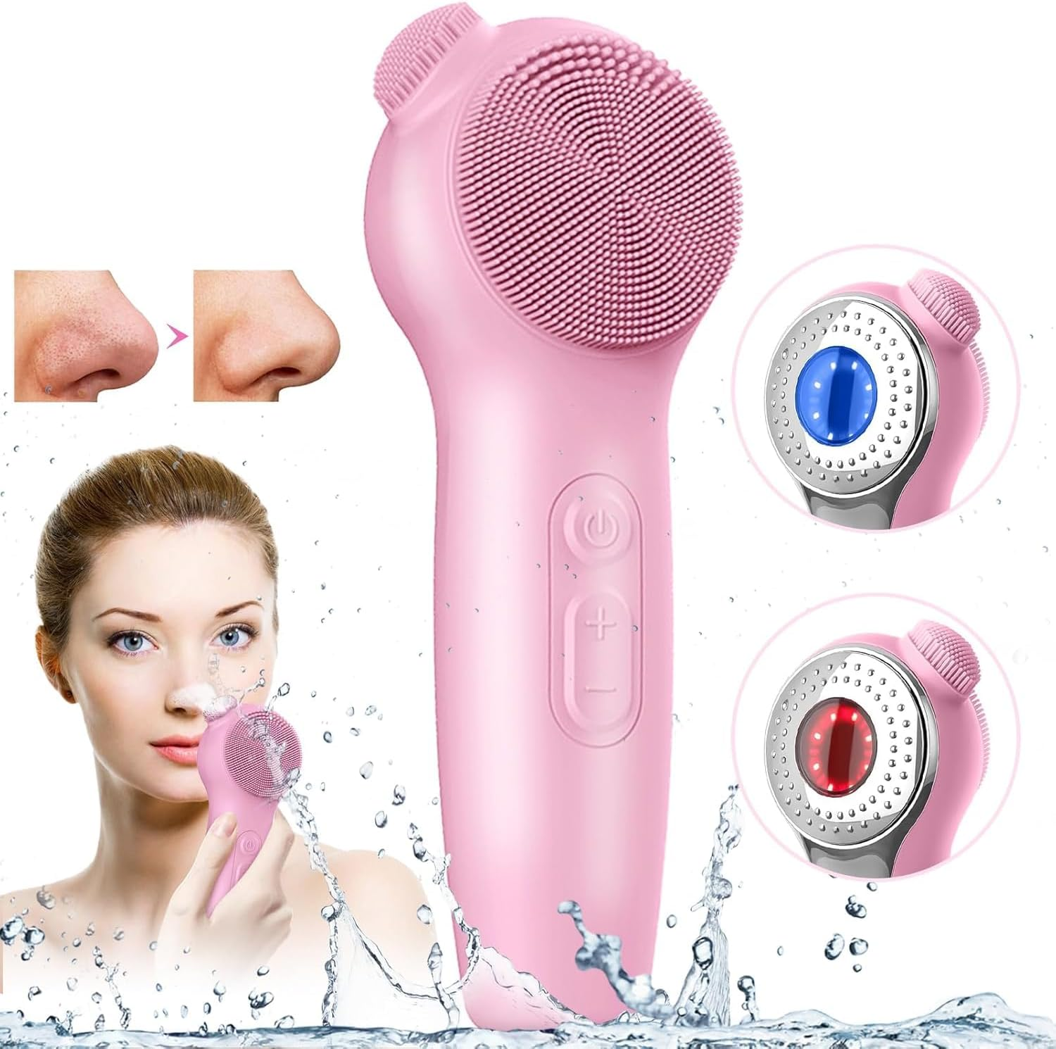 Facial Cleansing Brush Face Scrubber, Red Light / Blue Light Electric Face Scrubber with Nose Scrubber for Women/Men, Silicone Face Scrubber Exfoliator Thermal Massage, Waterproof Sonic Facial Cleansing Brush (Pink)