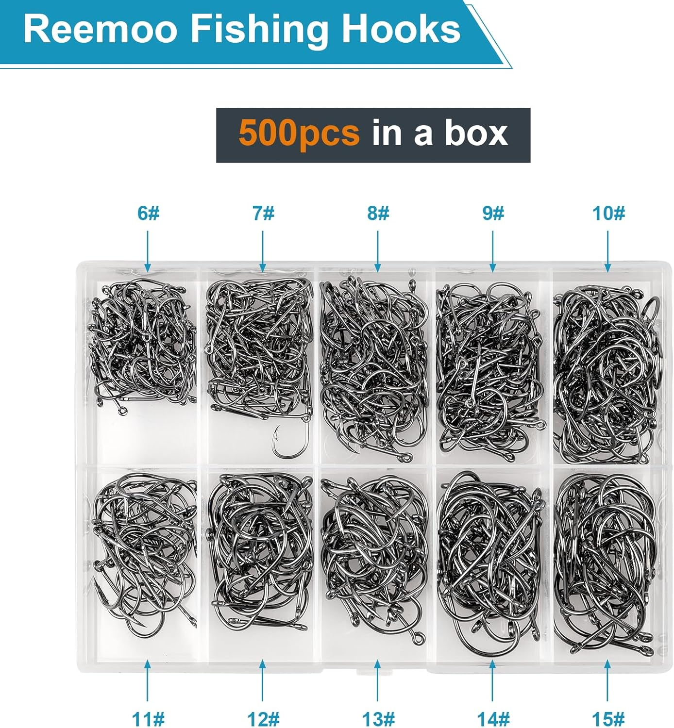 500PCS Premium Fishhooks, 10 Sizes Reemoo Carbon Steel Fishing Hooks W/ Portable Plastic Box, Strong Sharp Fish Hook with Barbs for Freshwater/Seawater image number 4