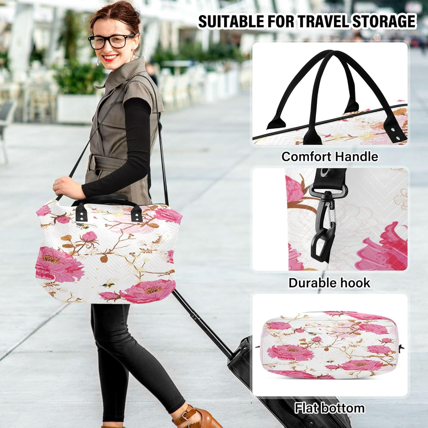 Luggage Travel Bag Gym Bag Weekender Overnight Bag with Adjustable Strap for Workout Waterproof Oriental Soft Gentle Bloom Flower Bee Happy Good Luck, Multi, 1 Size, Modern/Fitted, Multi, 1 Size, image number 1