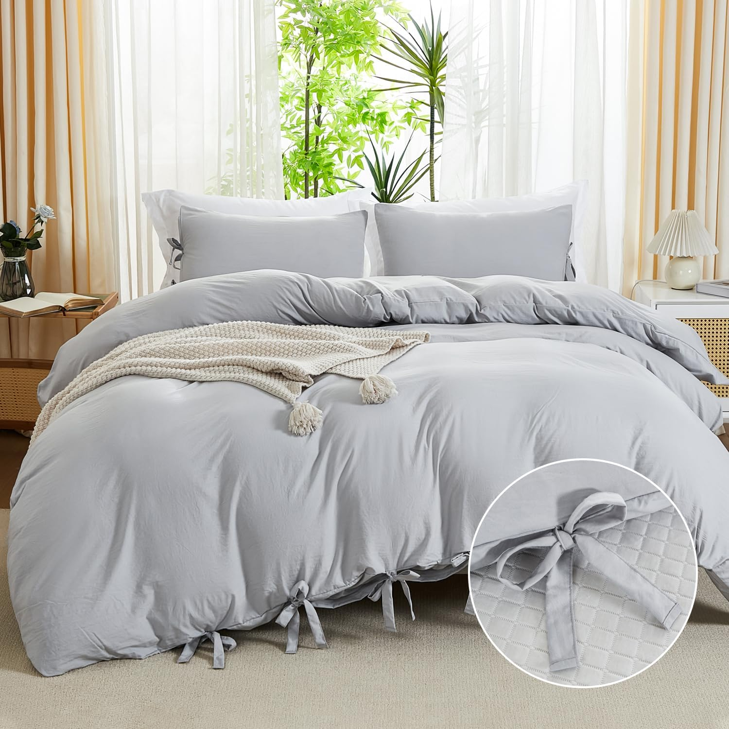 Annadaif Sage Green Duvet Cover Queen Size, 3 Pieces Soft Washed Microfiber Duvet Cover Set, Comforter Cover with Bowknot Bow Tie (1 Duvet Cover 90X90 Inch, 2 Pillowcases) Easy Care Bedding Set image number 5