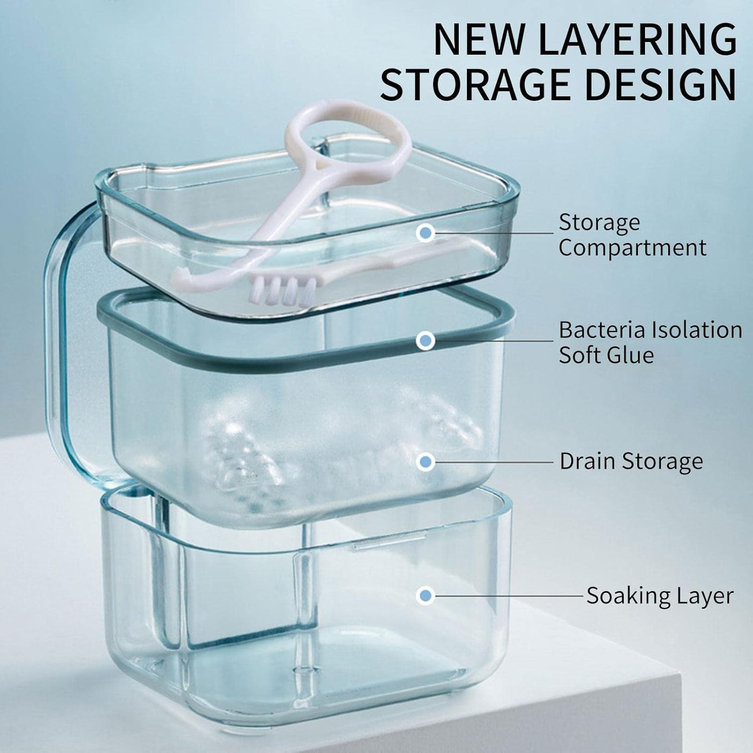 False Teeth Container,Denture Cleaning Case - Denture Box with Strainer, Night Cleaner Denture Bath Box for Retainer, Mouthguard, False - Black image number 6