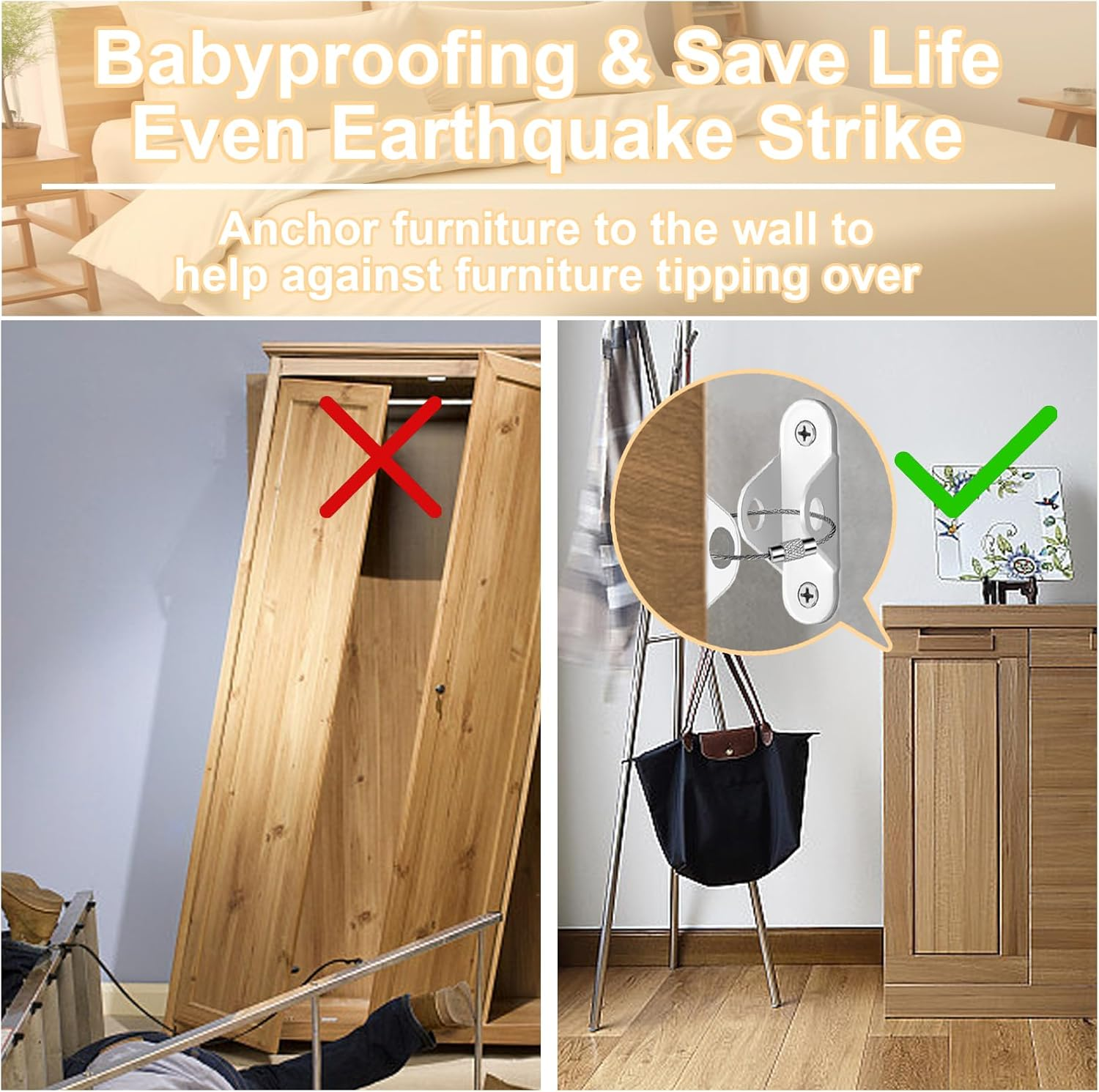 Furniture Anchors (12 Pack) for Baby Proofing & Pet Protecting, Furniture Straps anti Tip Furniture Wall Anchor Securing 400 Lbs/Keep Baby Pet Safety from Falling Furniture, Earthquake Straps image number 3