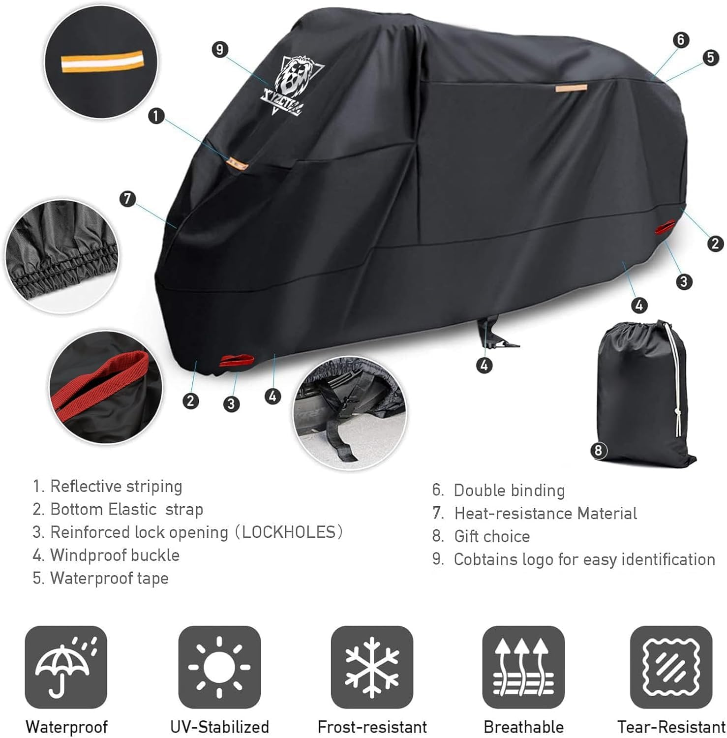 XYZCTEM Motorcycle Cover -Waterproof Outdoor Storage Bag,Made of Heavy Duty Material Fits up to 91 Inch, Compatible with Harley Davison and All Motors(Black& Lockholes& Professional Windproof Strap) image number 3