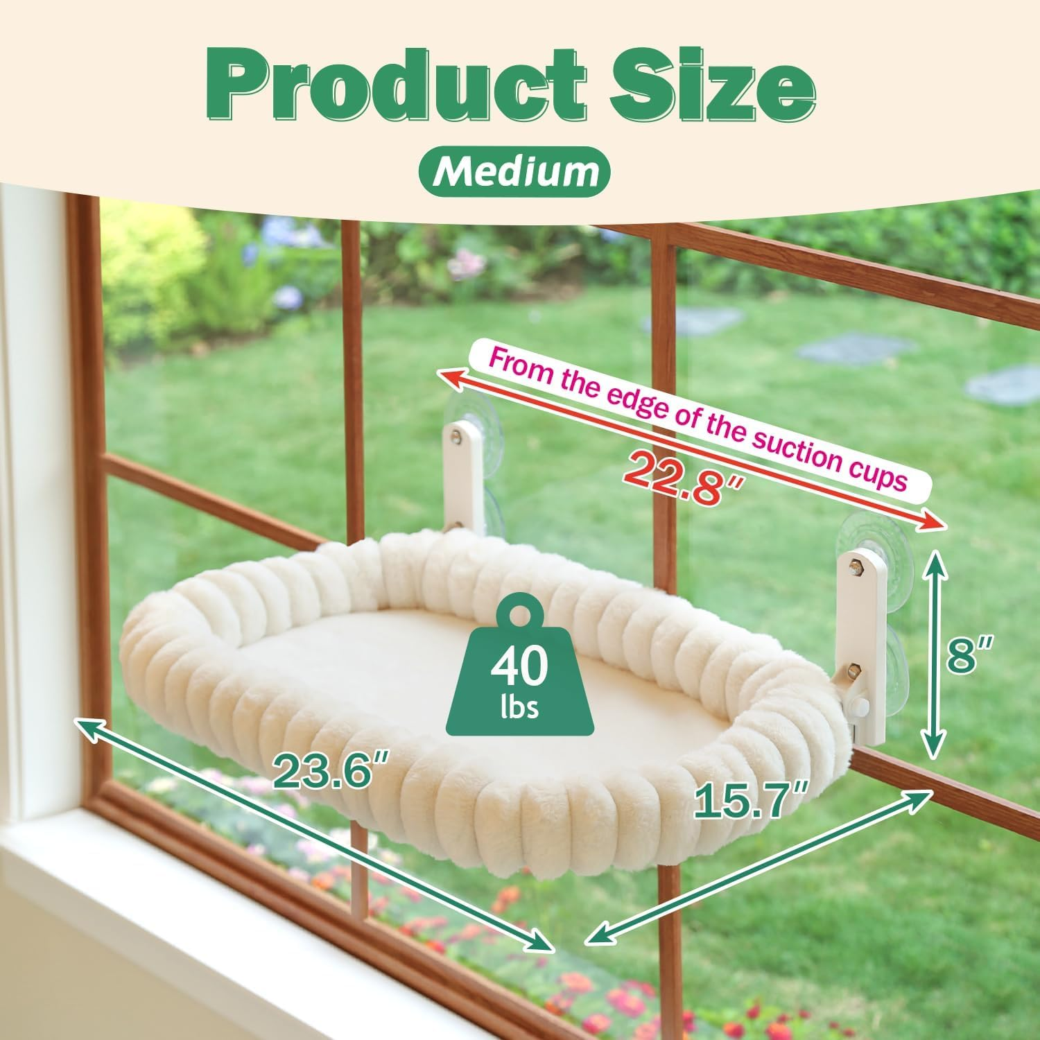 Cat Window Perch Hammock for Large Cats, Folding Bed with Heavy Duty Metal Frame Holds 40Lbs & 4 Strong Suction Cups, Removable Machine Washable, Cream White image number 1