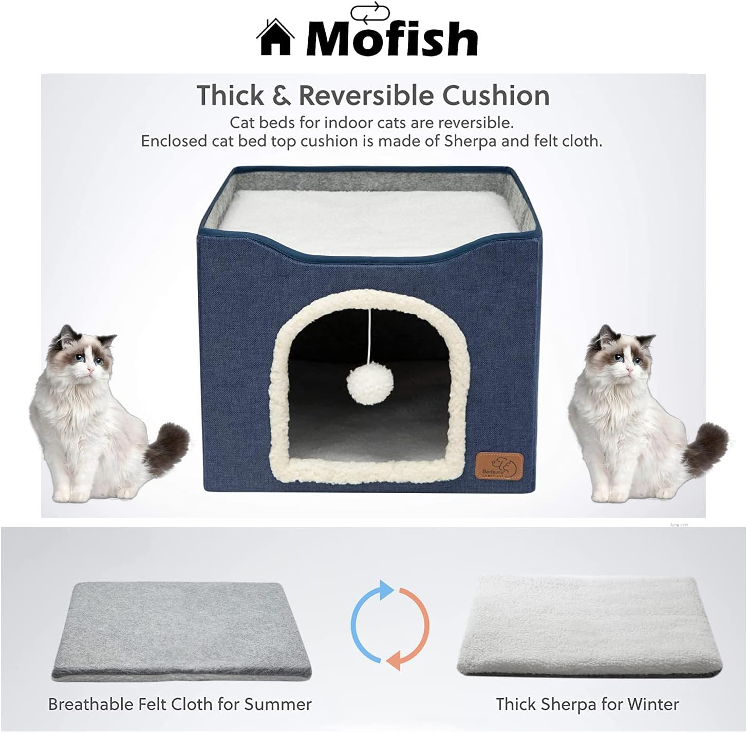 Mofish Cat Beds for Indoor Cats,Large Pet Cat Cube House Foldable with Ball Hanging and Scratch Pad,Soft and Self Warming Cat Cando Cave & Furniture,Kitten Shelter with Warm Plush Bed