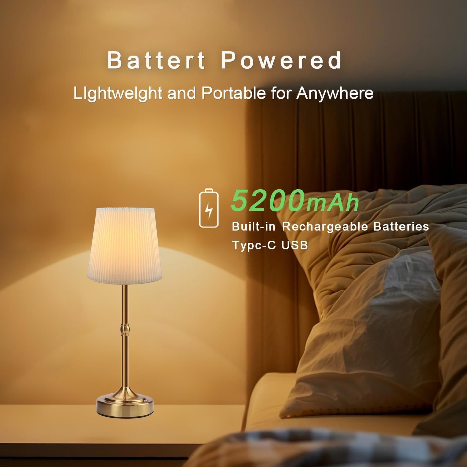 Rechargeable Cordless Table Lamp 5200Mah - 3 Brightness Touch Dimmable Gold Lamp with Fabric Lampshade (40Cm) | Perfect for Nightstand, Bedroom, Kitchen, Living Room (2) image number 1