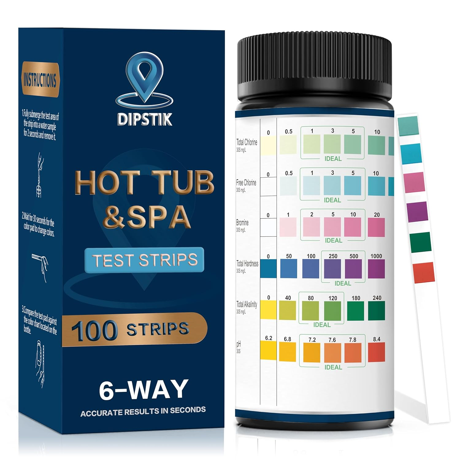 Pool and Spa Test Strips-Hot Tub Test Strips, Accurate Swimming Water Test for Ph, Total Hardness, Bromine, Free Chlorine, and Total Chlorine Test Strips, 6 in 1 Pool Test Strips, 100 Counts image number 2