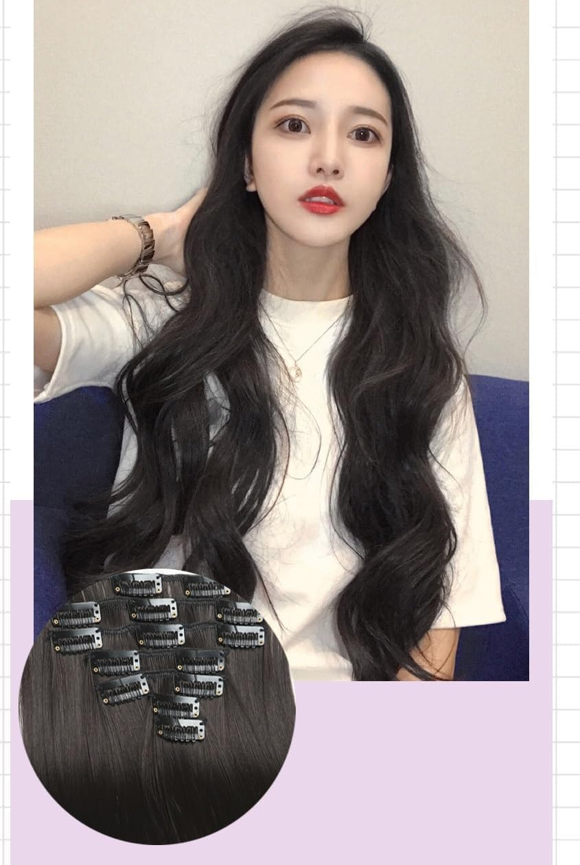 Clip in Hair Extensions, Natural & Soft Hair & Blends Well Hair Extensions, Dark Brown Long Wavy Hairpieces image number 1