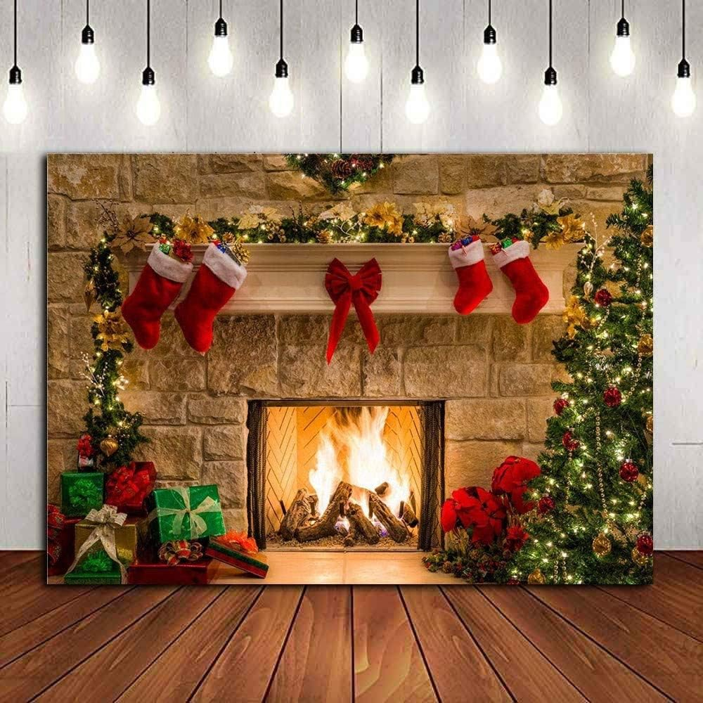 Fireplace Holiday Photography Backdrop Photo Booths Studio Props Vinyl 7X5Ft Christmas Stocking Tree Photo Background Winter Xmas Birthday Party Decorations Baby Shower Supplies image number 1