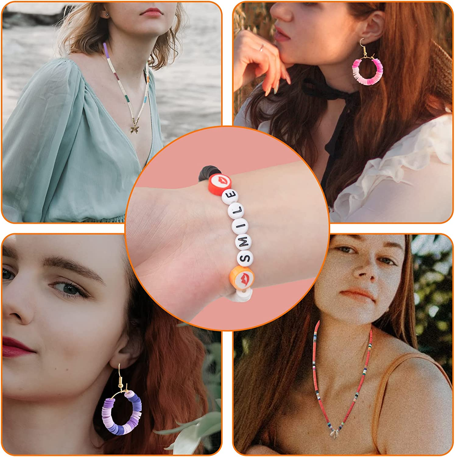 Clay Beads for Jewelry Bracelet Necklace Making Kit, Coxedafi 13600 Pcs Flat round Polymer Clay Beads with Elastic Strings Pendant Charms Kit image number 1