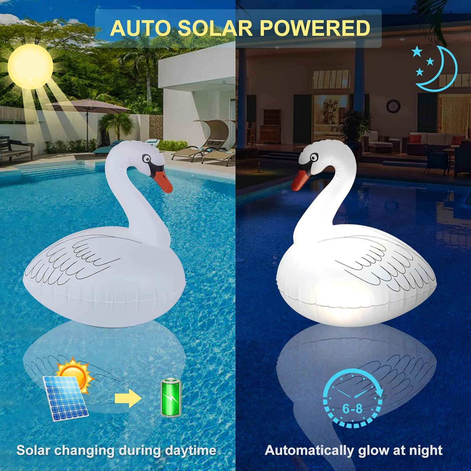 Floating Pool Lights Solar 2PK, Waterproof Inflatable Swan Pool Lights, Glow in the Dark Color Changing LED Pool Floating Swan Light for Backyard Spa Patio Wedding Party Decor image number 3