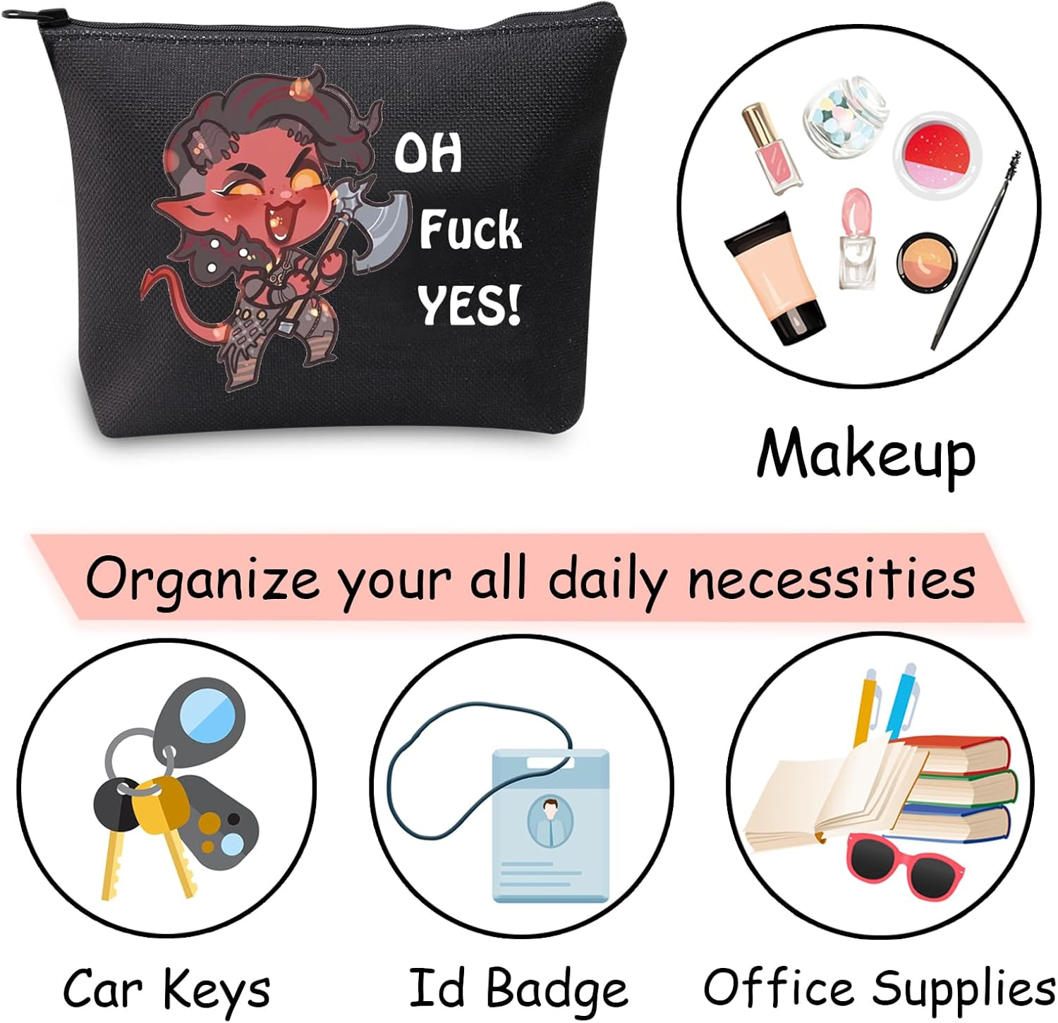 JXGZSO Oh F Yes Karlach Inspired Cosmetic Bag Funny RPG Gamer Gift BG3 Tiefling Makeup Bag, Oh F Yes Karlach Black, Zipper Makeup Bag image number 1
