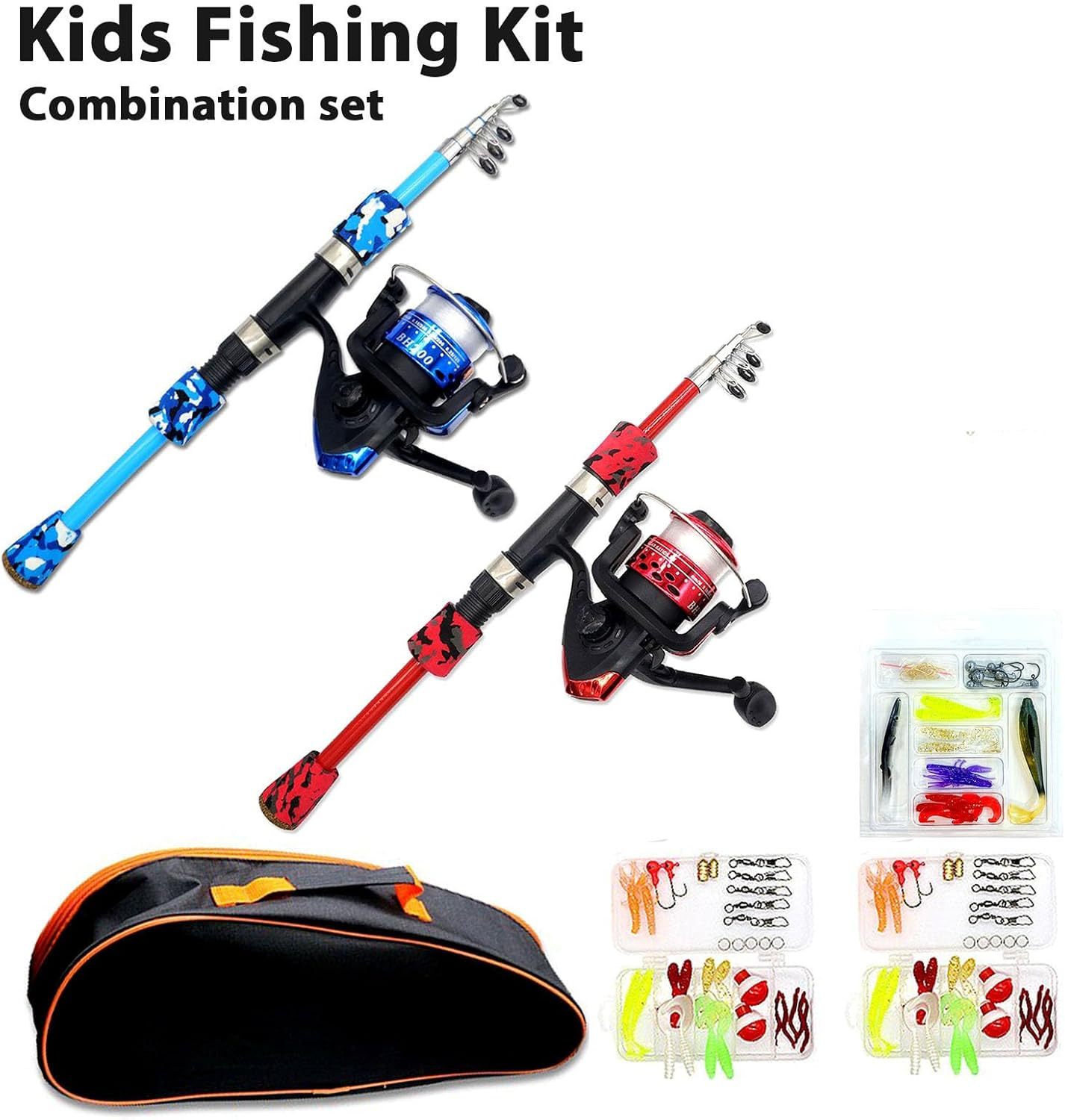 Spinning Fishing Pole Kids &ndash;Telescopic Fishing Rod & Reel Combo, Tackle Box, Carry Bag for Boys and Girls with Full Kits Hooks Lure Case for Youth Fishing and Beginner - 2 Pack - Blue  Red image number 4