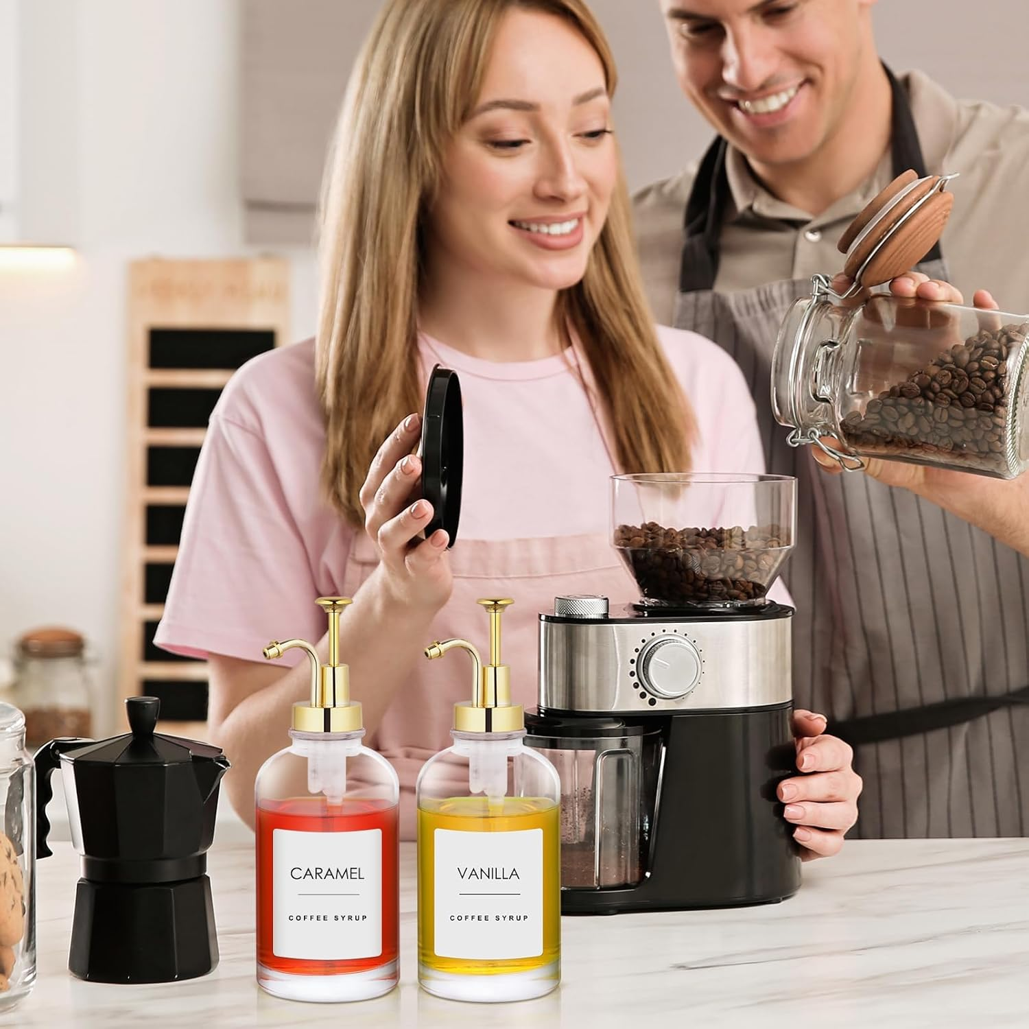 2Pack Coffee Syrup Dispenser, 500Ml Pump Dispenser for Coffees Home Bar, Glass Syrup Bottle Gold Pump, Coffee Pump Dispenser Included Funnels and Labels image number 1
