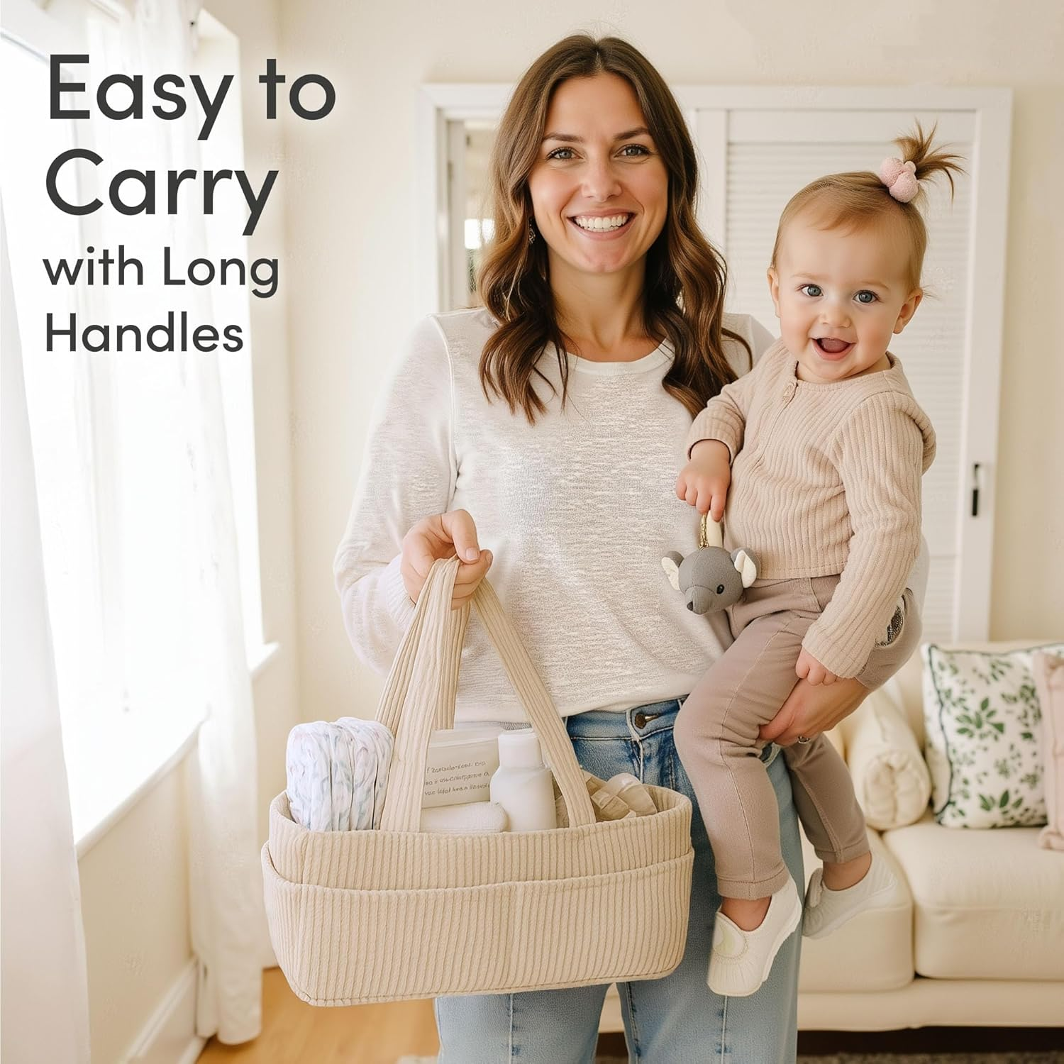 PUTSKA Baby Nappy Caddy Organiser for Changing Table &ndash; Stylish Nursery Storage Basket, Newborn Essentials, Baby Shower Gifts and Registry Must-Haves for Boy or Girl, Car Nappy Caddy, Corduroy Cream - Mocha image number 7