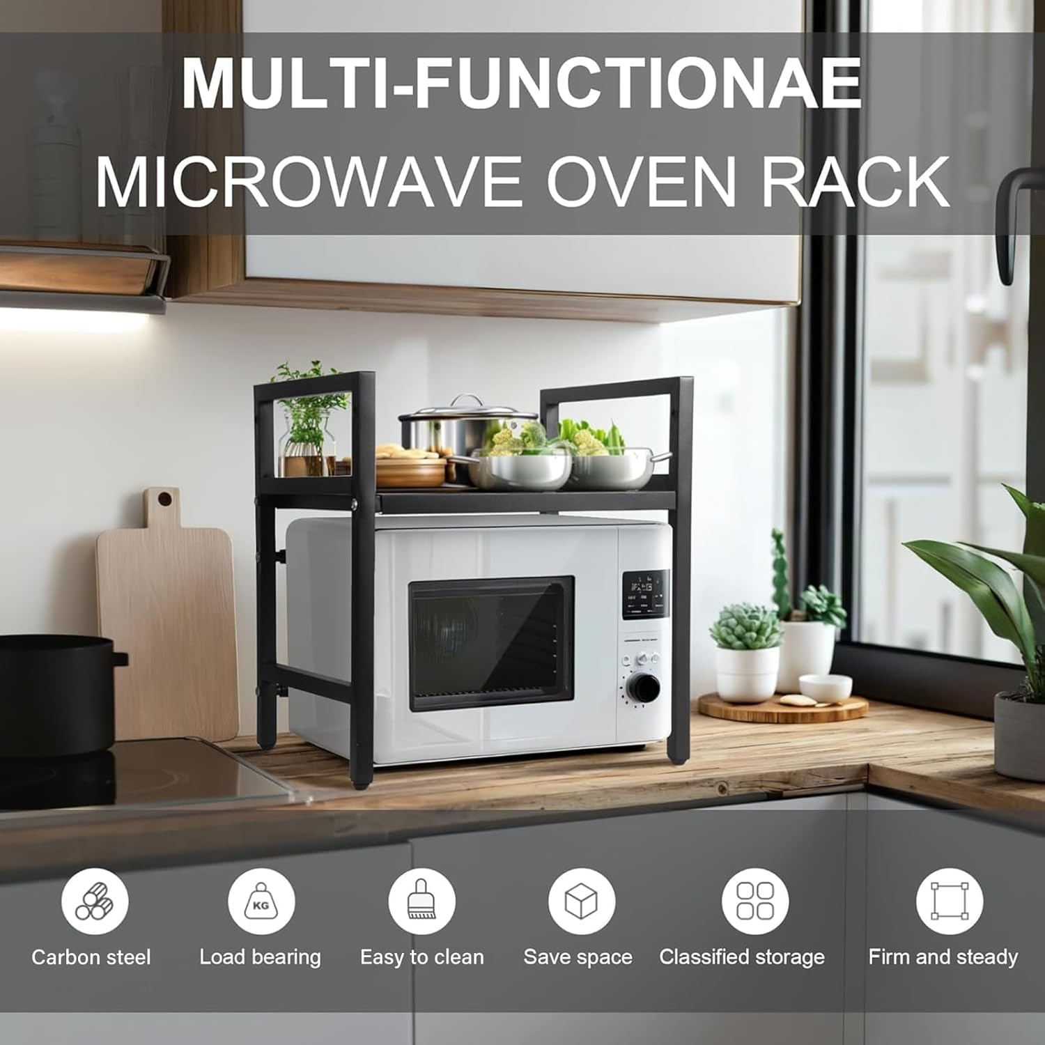 Neulsun Expandable Microwave Stand, 2 Tier Metal Kitchen Countertop Organizer Shelves with 6 Hooks, Microwave Shelf, Microwave Oven Rack (Black) image number 2