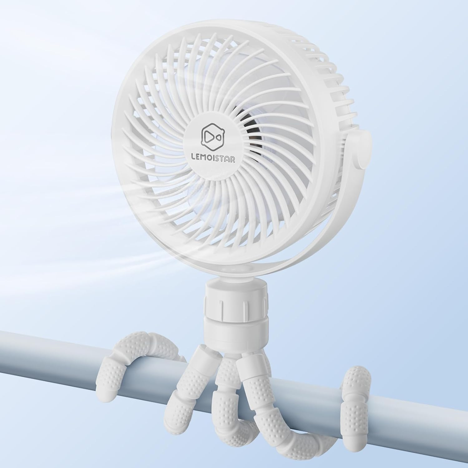 Small Battery Operated Clip-On Versatile Fan with Flexible Tripod, 5000 Mah Portable Stroller Fan, Rechargeable Desk Fans, 4 Speeds, Max 26 Hrs, USB Powered,360&deg;Rotation, for Car (White)