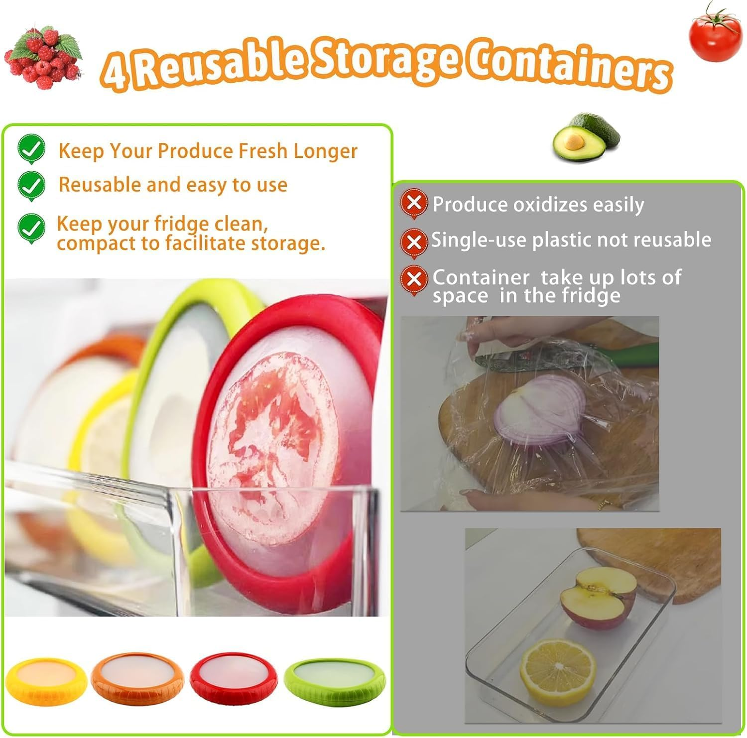 Silicone Fruit and Vegetable Storage Containers for Fridge, Onion Storage Container, Avocado Keeper,Tomato Saver, Lemon Holder Set of 4- Ideal for Garlic, Onions, Lemons and Potatoes
