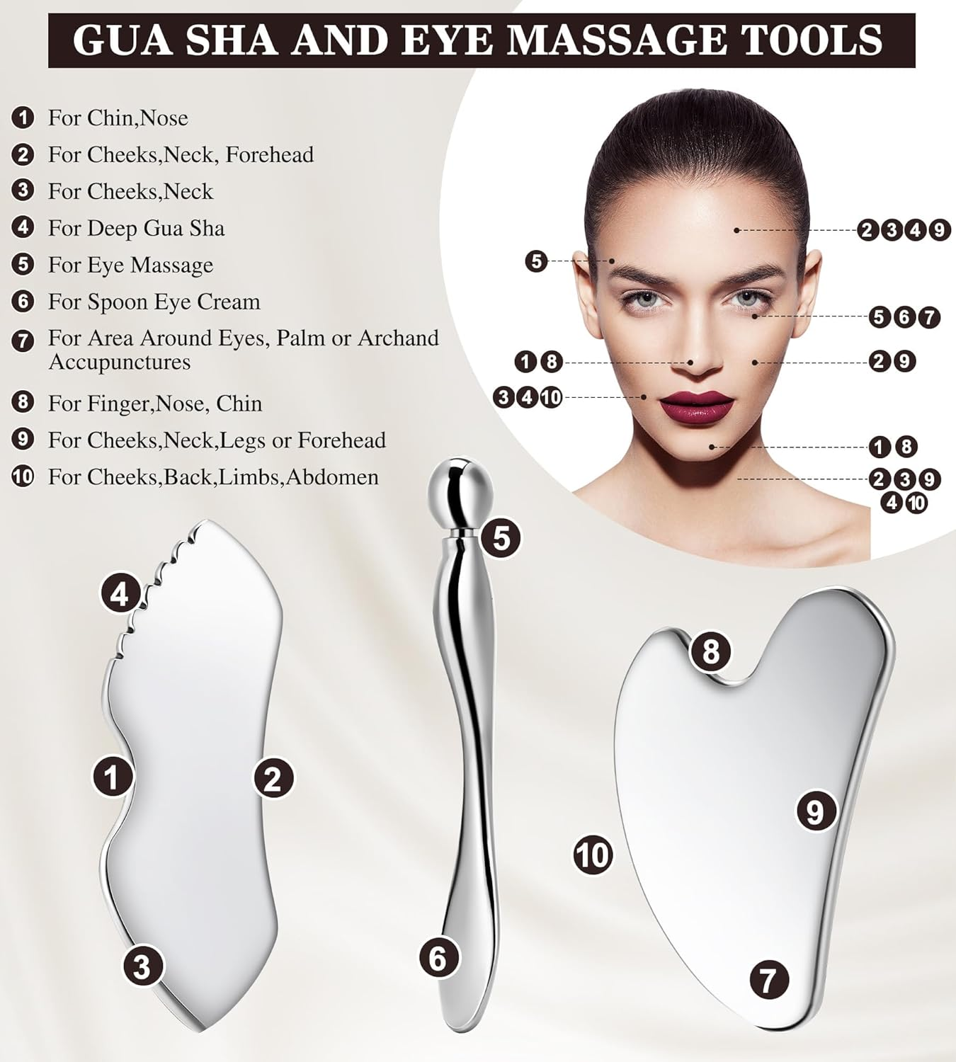 Gua Sha Facial Tools, 3 in 1 Stainless Steel Metal Guasha & Eye Cream Applicator Facial Sculpting Tool Set Eye Massager Lymphatic Drainage for Face Neck image number 1