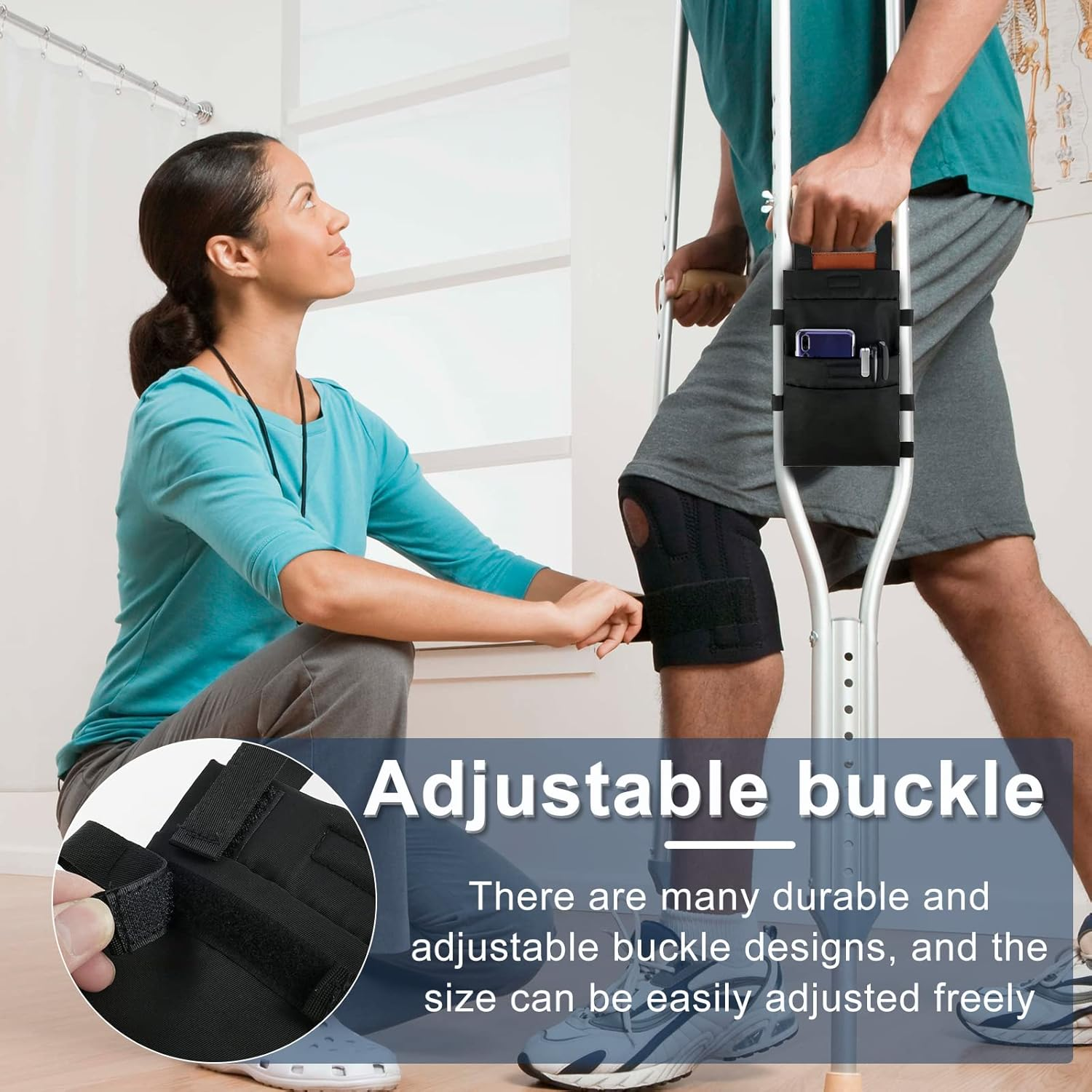 Txkrhwa Crutch Pouch Lightweight Crutch Storage Pocket with 2 Pockets Universal Hanging Crutch Bag with Adjustable Buckle Waterproof Crutch Storage Organizer for Crutches image number 2