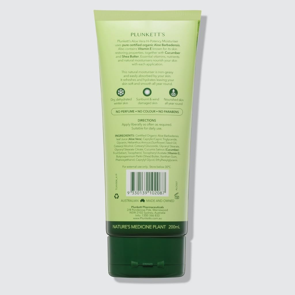 Plunkett'S 90% Hi-Potency Aloe Vera Moisturiser 200Ml&ndash; Aloe Vera, Sunflower Oil, Cucumber, Vitamin E & Shea Butter. Hydrates, Soothes & Nourishes Skin image number 1