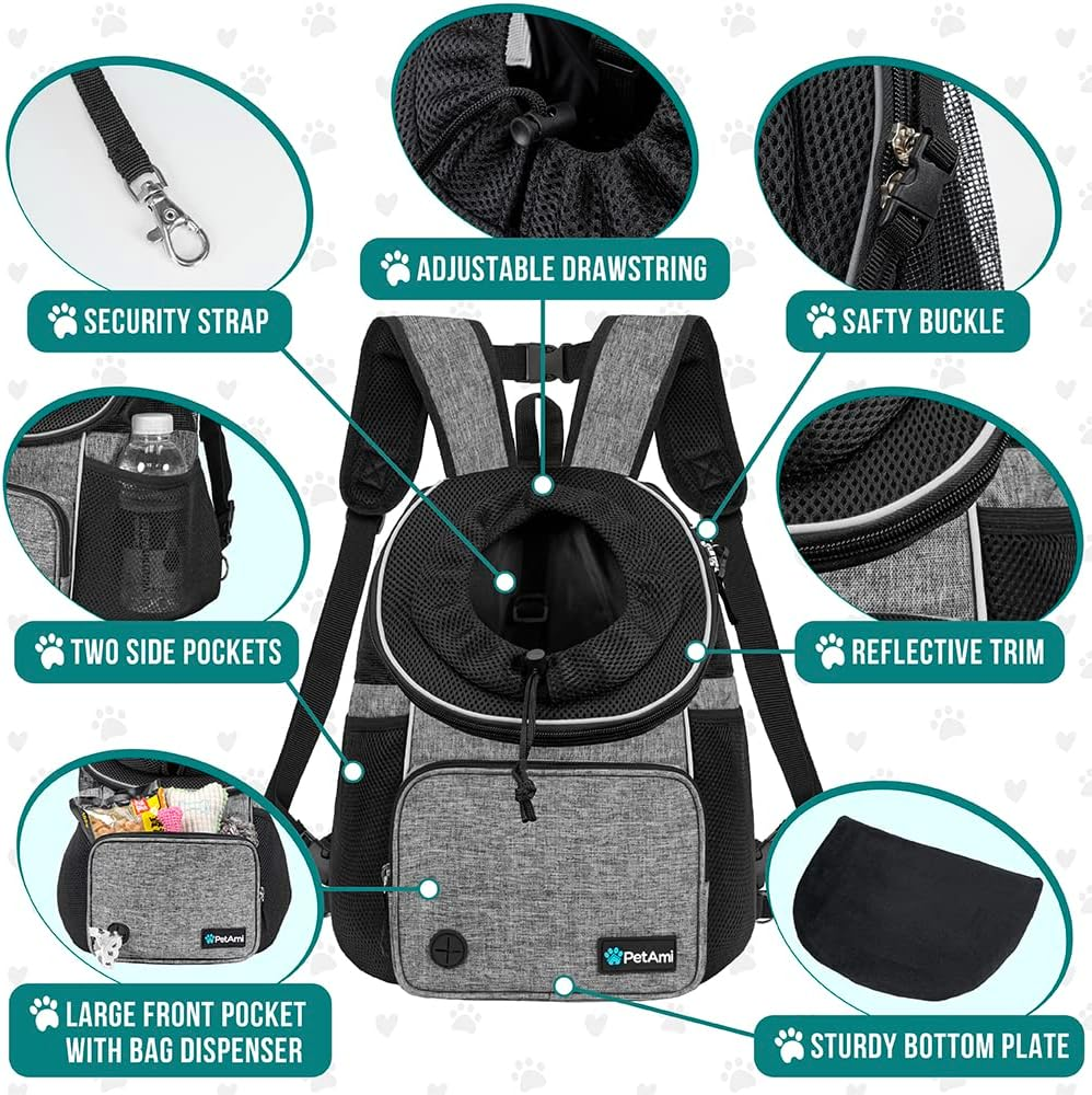 Petami Dog Front Carrier Backpack, Adjustable Pet Cat Chest Ventilated Dog Carrier for Hiking Camping Travel, Small Medium Puppy Large Cat Carrying Bag, Max 10 Lbs, Gray image number 4