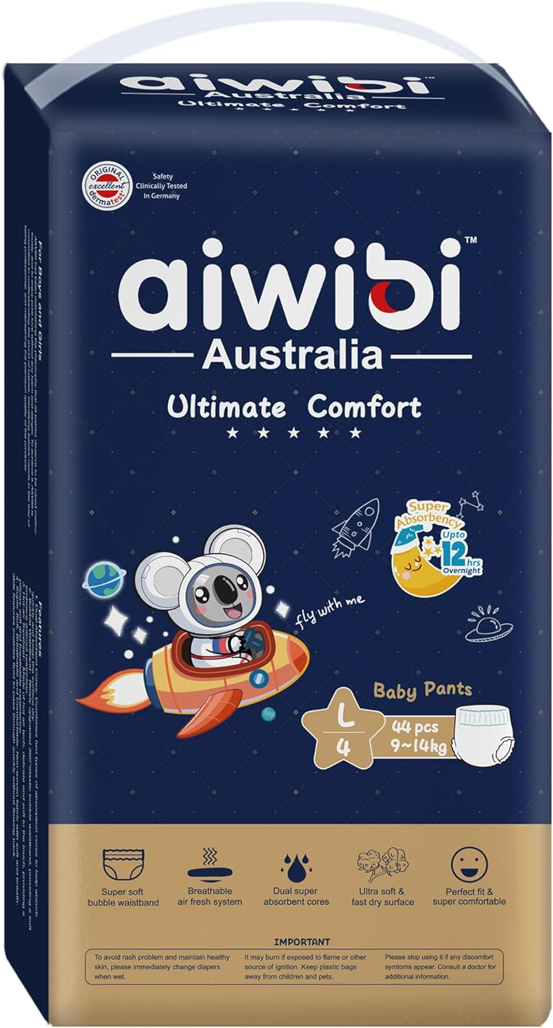 AIWIBI Ultimate Comfort Overnight Nappy Pants, Size 4, 360 Pull-On Disposable Baby Nappy Pants,Super Absorbent 44 Count (9-14 Kg), Nighttime Underwear image number 5