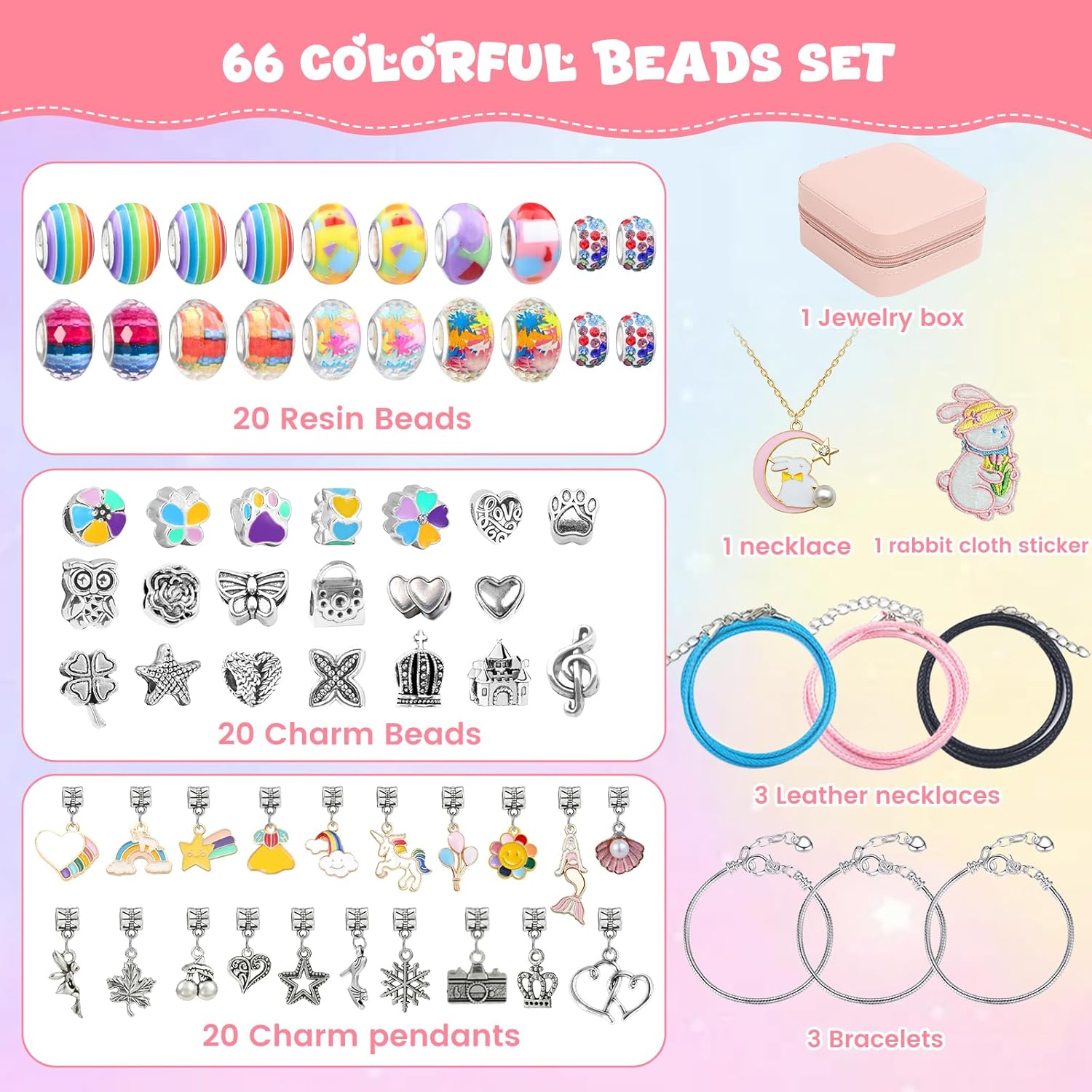 Charm Bracelet Making Kit, 66 Pcs DIY Beaded Jewelry Making Supplies Beads, Bracelet Making Kit for Girls 6-12, Perfect Lovely Gift Birthday (Colorful) image number 4