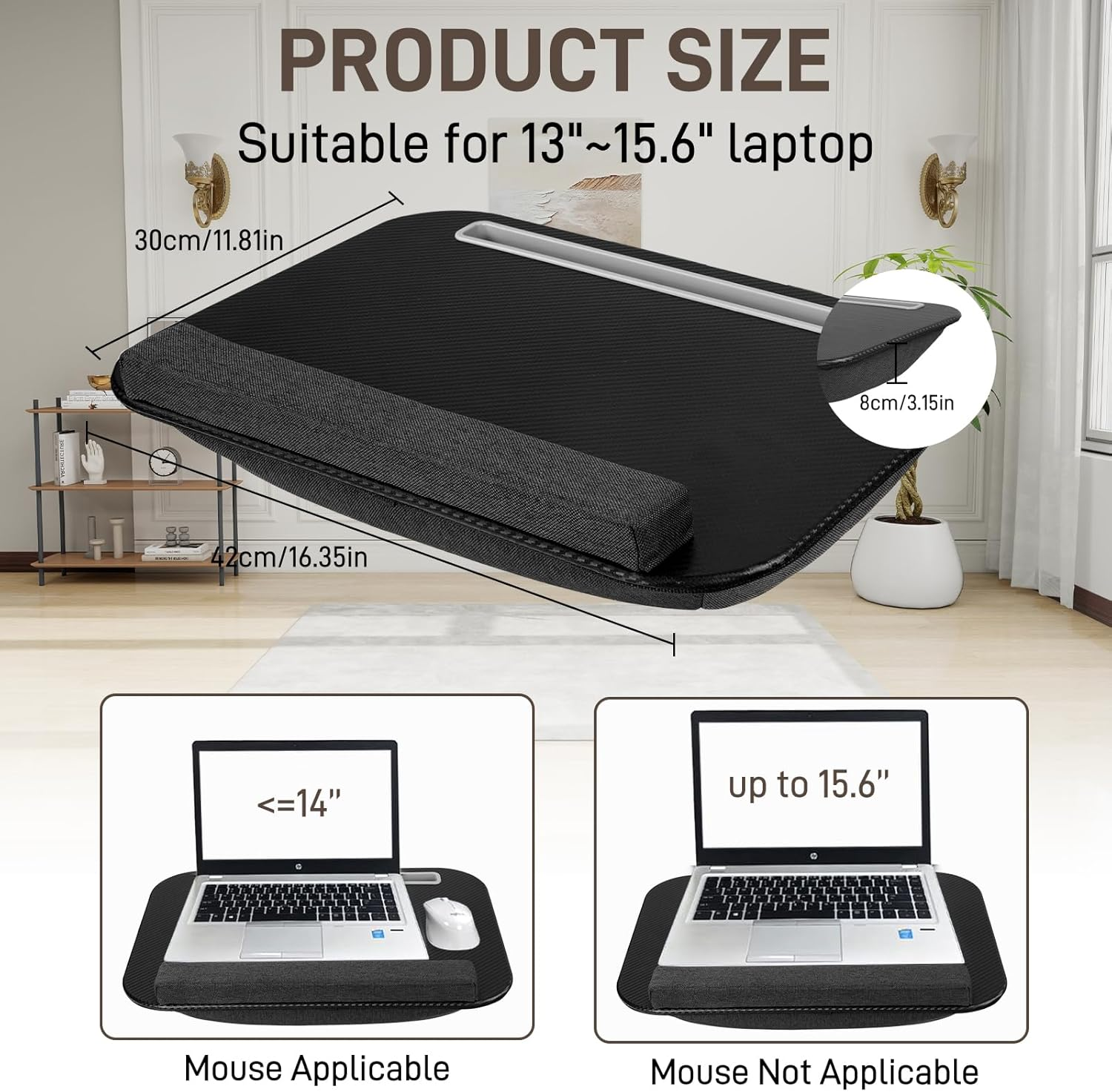 Lap Desk, Portable Laptop Desk with Pillow Cushion, Wrist Pad and Phone Holder, Fits up to 15.6 Inch Laptops, Laptop Cushion for Sofa Bed Working Writing Drawing image number 3