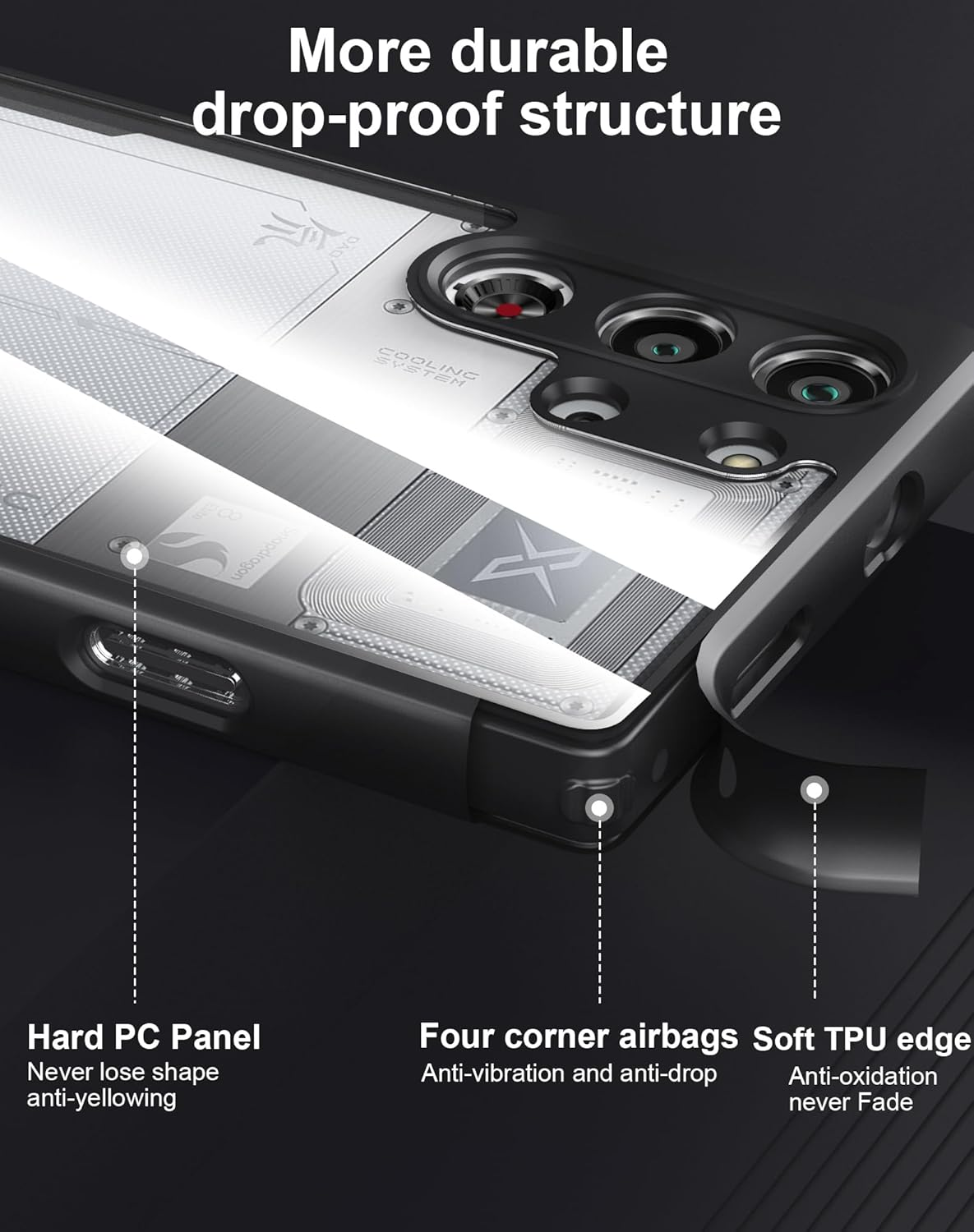 Foluu for ZTE Nubia Red Magic 10 Pro Case/Red Magic 10 Pro+ Case, [Not Yellowing] [Military Drop Protection] Shockproof Protective Slim Thin Cover for Red Magic 10 Pro 2024 (Black+Clear) image number 6