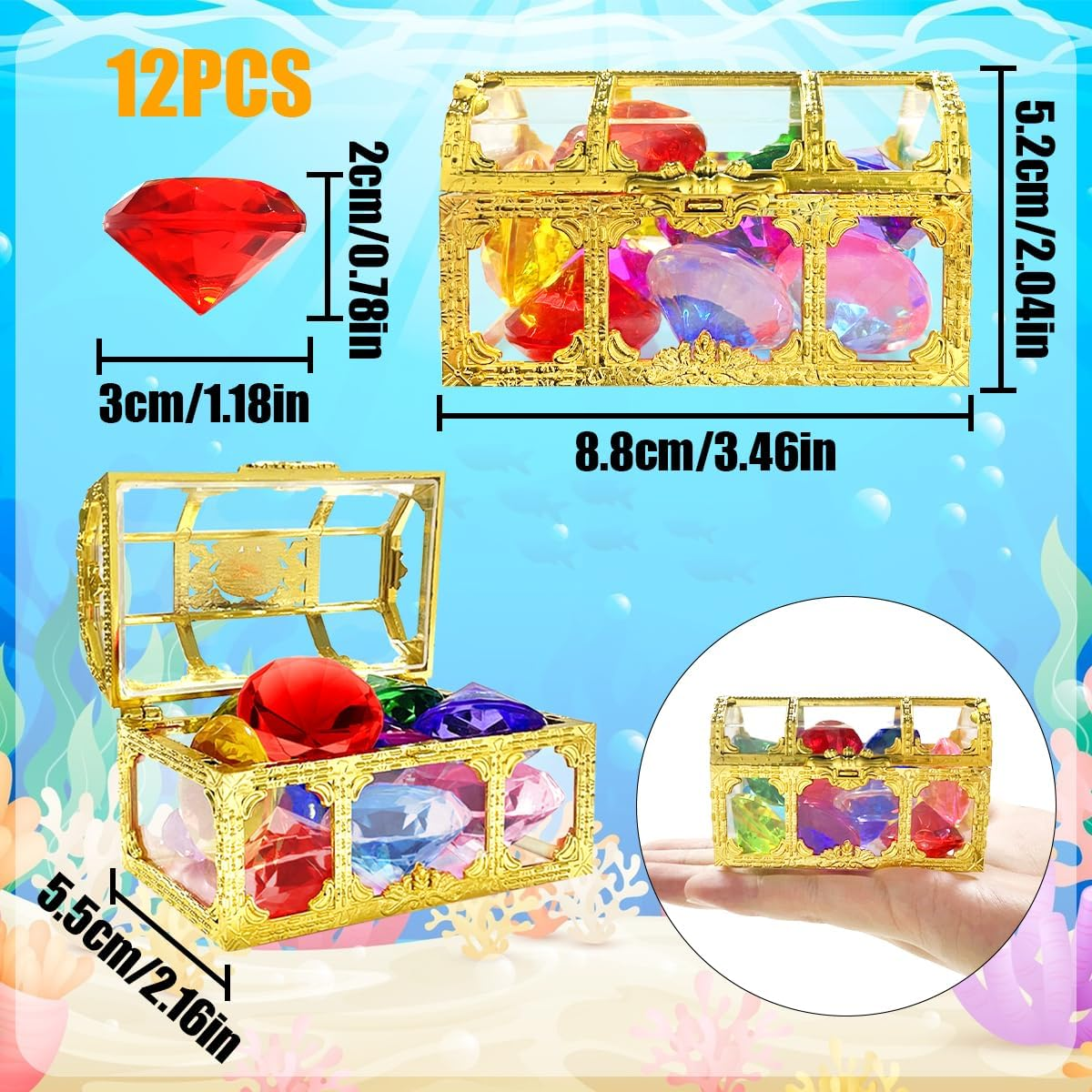 BEZANU Swimming Pool Gem Toys, 12 PCS Colorful Big Diamond Gems Pool Toys with Treasure Pirate Box for Party Favors image number 6