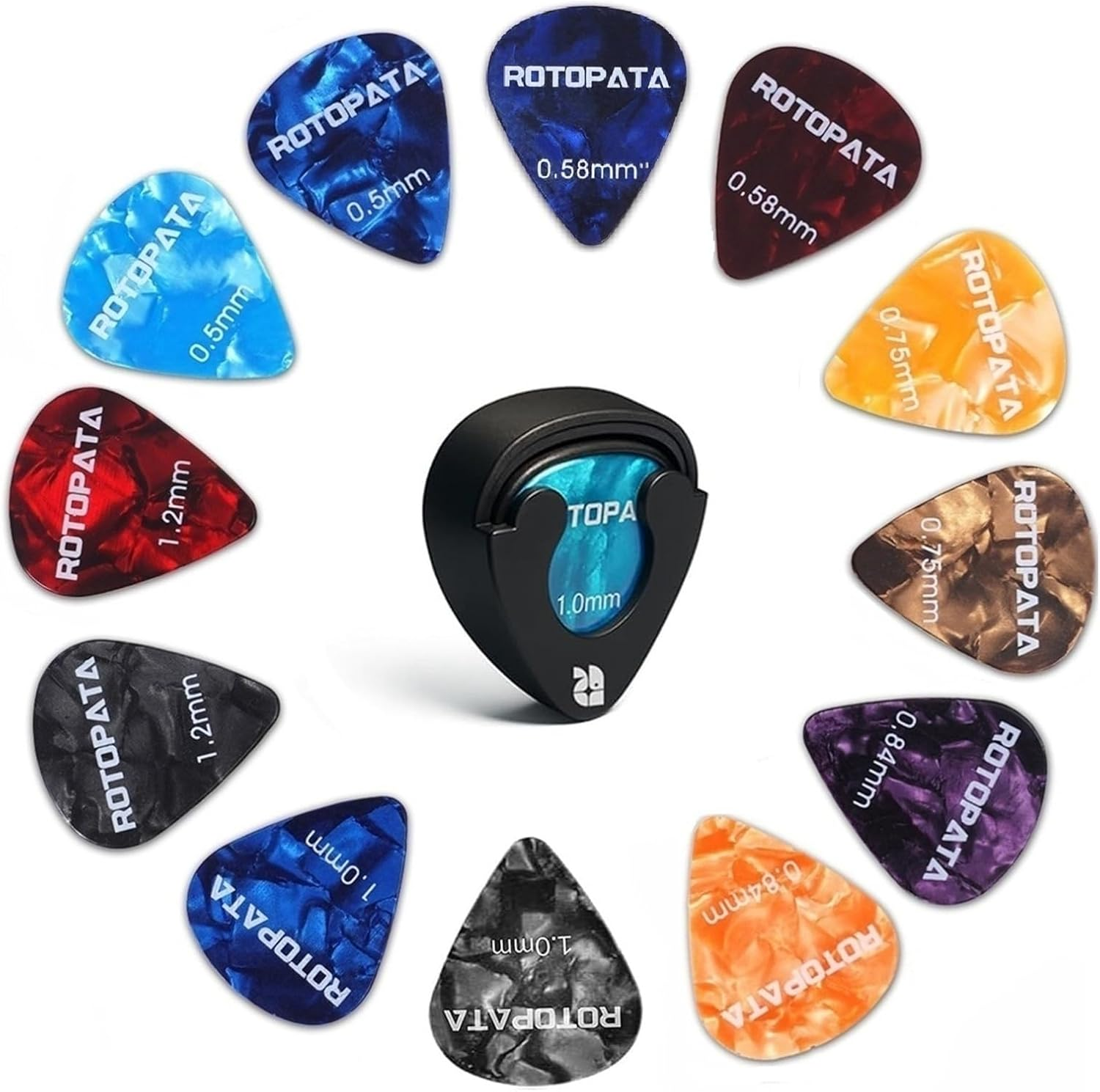 18 Pack Celluloid Guitar Picks with Organizer Storage Box & Holder Case,0.5 0.57 0.75 0.84 1.0 1.2 Mm Six Timbres and Touch Thicknesses & Variety Colorful Plectrums for Bass Electric Acoustic Ukulele image number 1