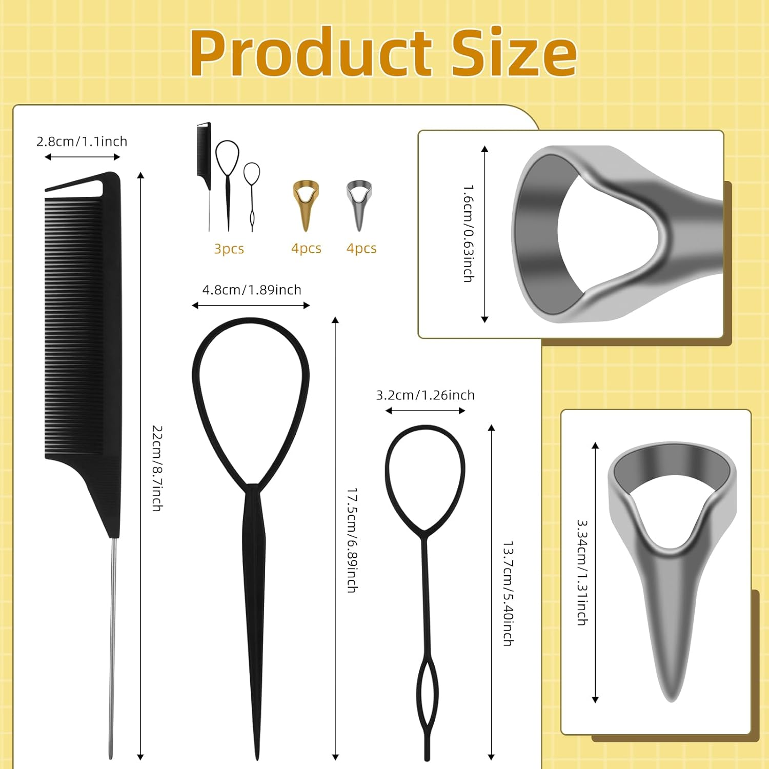 11PCS Hair Braiding Tools Pack, with 8PCS Metal Hair Parting Rings/Braid Aid Finger Parting Tool, and 1PCS Rat Tail Comb/Braiding Combs and 2 Parting Tool Rings, Stitch Braid Tool Finger Hair Tools image number 5