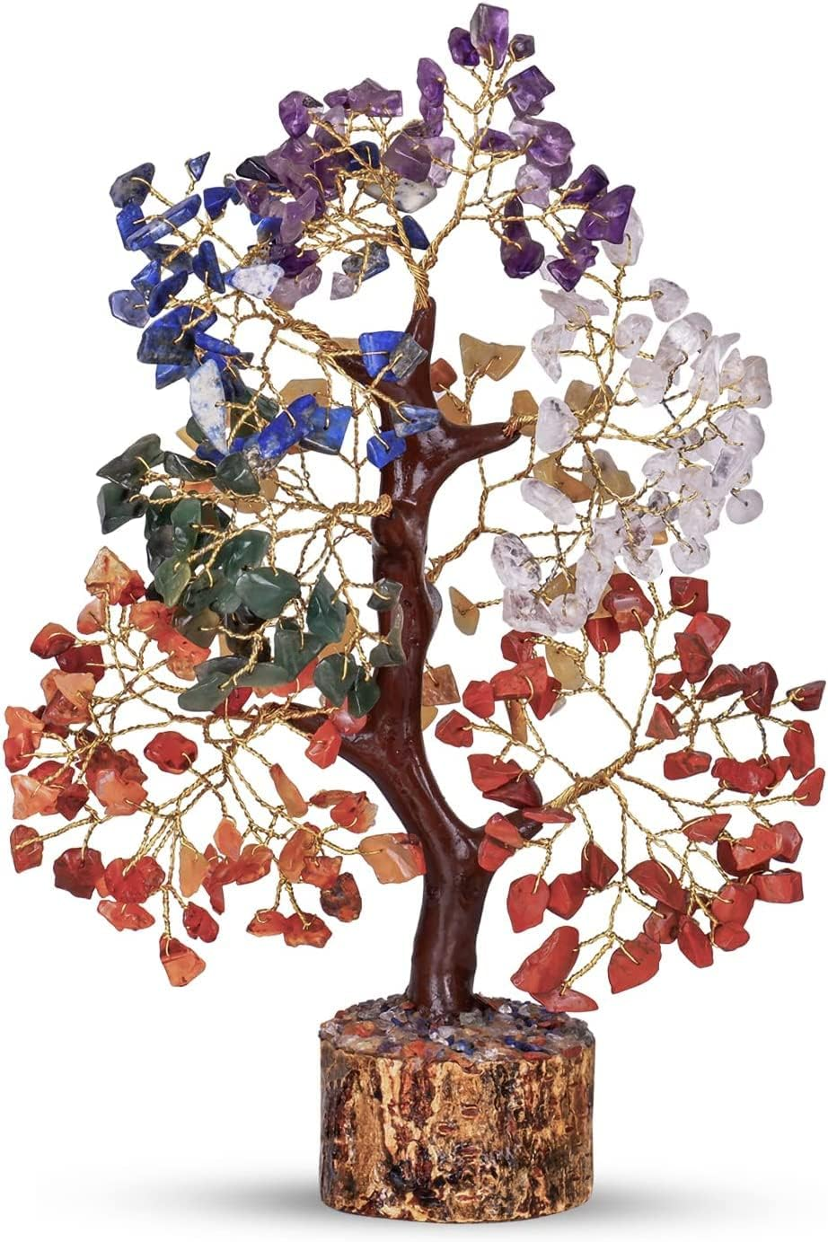 Seven Chakra Healing Gemstone Bonsai Money Tree Crystals Stone Chakra Reiki Feng Shui Gift Home Office Table Decor Wealth Health Prosperity Spiritual Gift Size -10 Inch (Golden Wire)