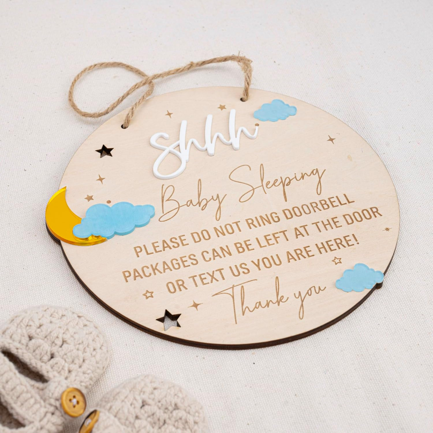 2Pcs Wooden Baby Sleeping Hanging Sign Plaque, Do Not Knock or Ring the Bell, round Wooden Door Hanger for Baby Room, Nursery, Front Door, Door Knob Decor (Moon) image number 1