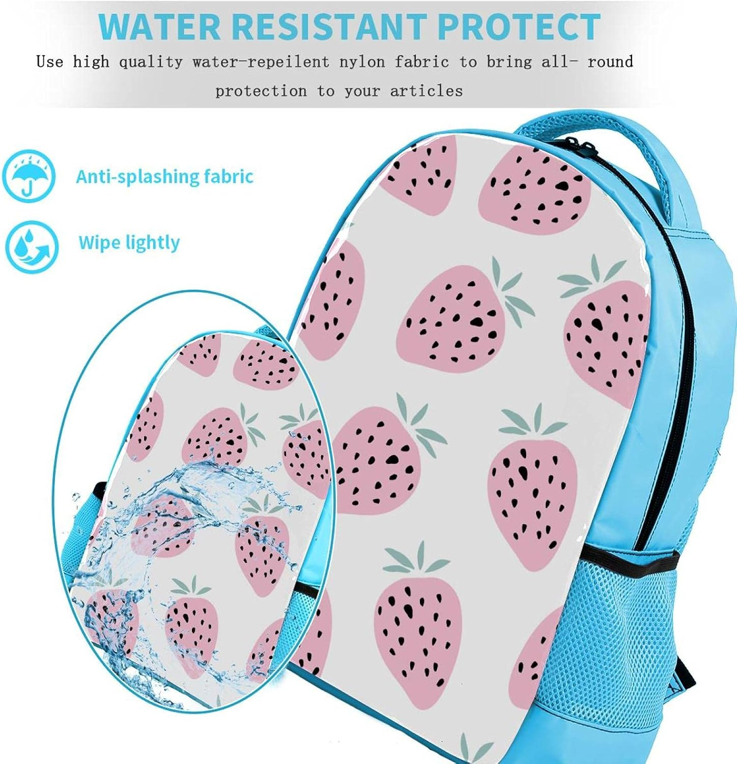 Blue Backpack Boy Bookbags Rucksack Men Travel Handbag Daypack Pink Summer Fruit Strawberry image number 1