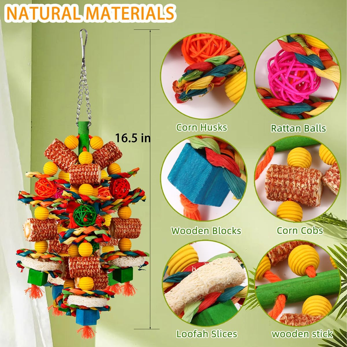 Bird Toys, Parrot Toys for Large Birds,Natural Corn Cob and Loofah Slices Bird Chew Toys for African Grey Parrots, Macaws, Cockatoos, Amazon Parrot and Other Small and Medium-Sized Parrot (Colorful) - Colorful image number 6