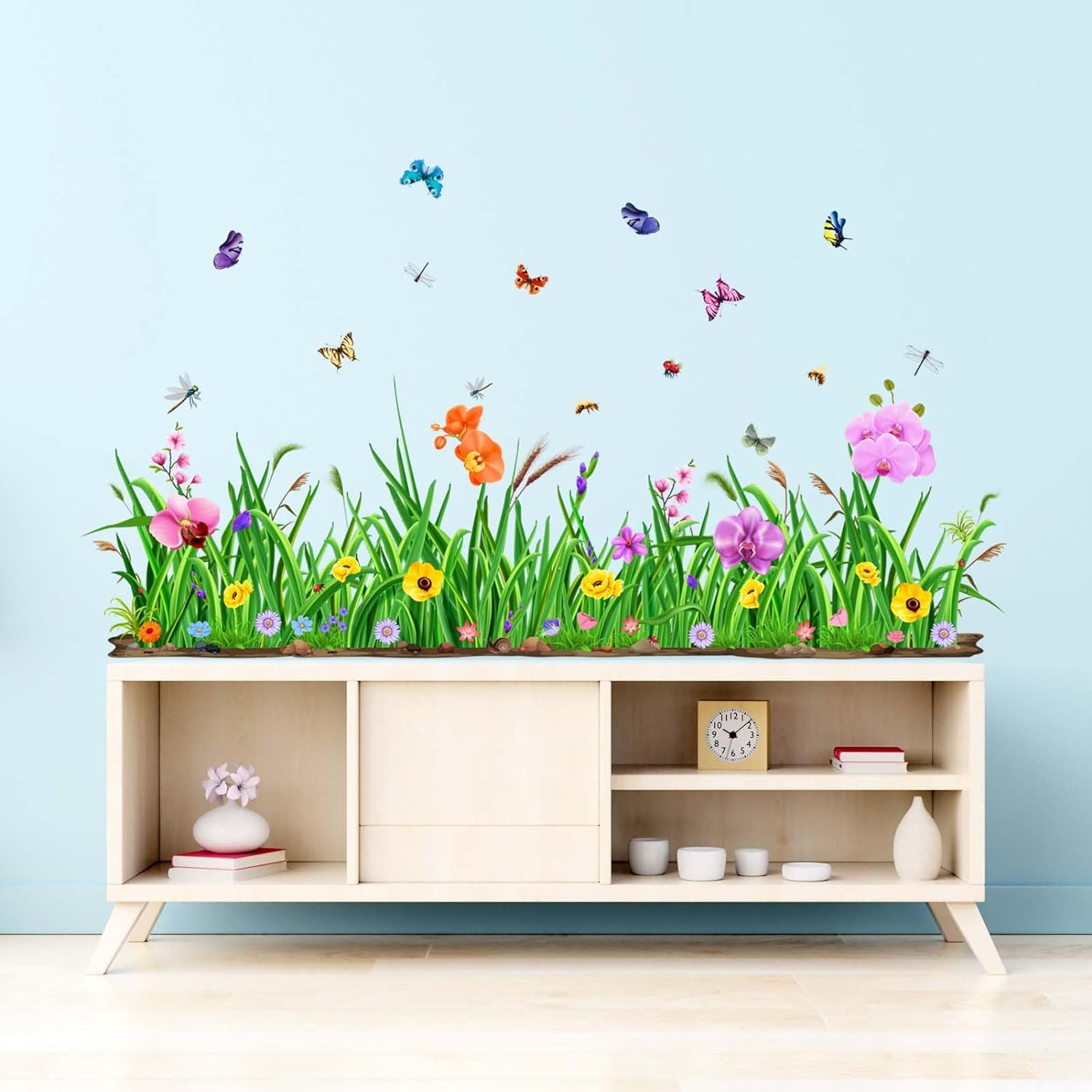 Green Grass Wall Corner Decals - Flowers Butterflies Baseboard Skirting Line Wall Stickers - Living Room Office Bedroom Sofa TV Background Home Wall Decor image number 1