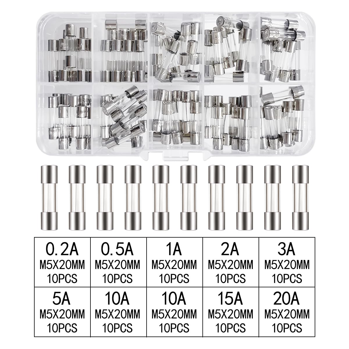 Glass Quick Fast Blow Fuse Kit, 100 PCS Fast Blow Glass Fuses Assortment Kit with a Storage Box (5X20Mm, 0.2A~20A) image number 5
