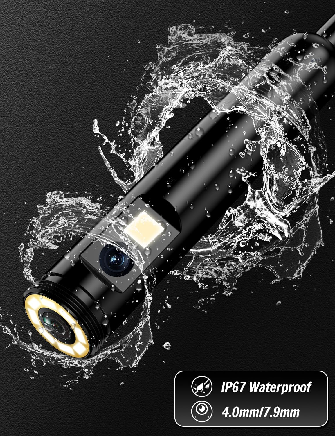 Dual-Lens Endoscope Inspection Camera, 1920P HD Ferdiiz Borescope Camera, 16.4Ft Semi-Rigid Snake Cable, 8 Adjustable Leds, IP67 Waterproof Drain Pipe Endoscope Cool Gadgets Tool for Ios9+ Android 6+